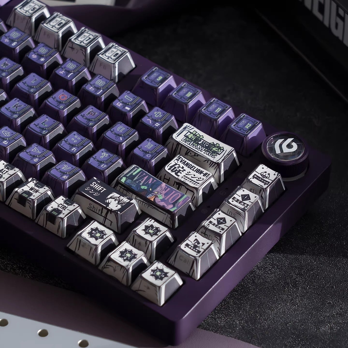 EVA series, EVANGELION-01 theme, comic style PBT keycap with folded edges and transparent five sided heat sublimation mechanical keyboard decoration keycap, compatible with 61/64/68/75/84/87/104 key mechanical keyboard keycap set