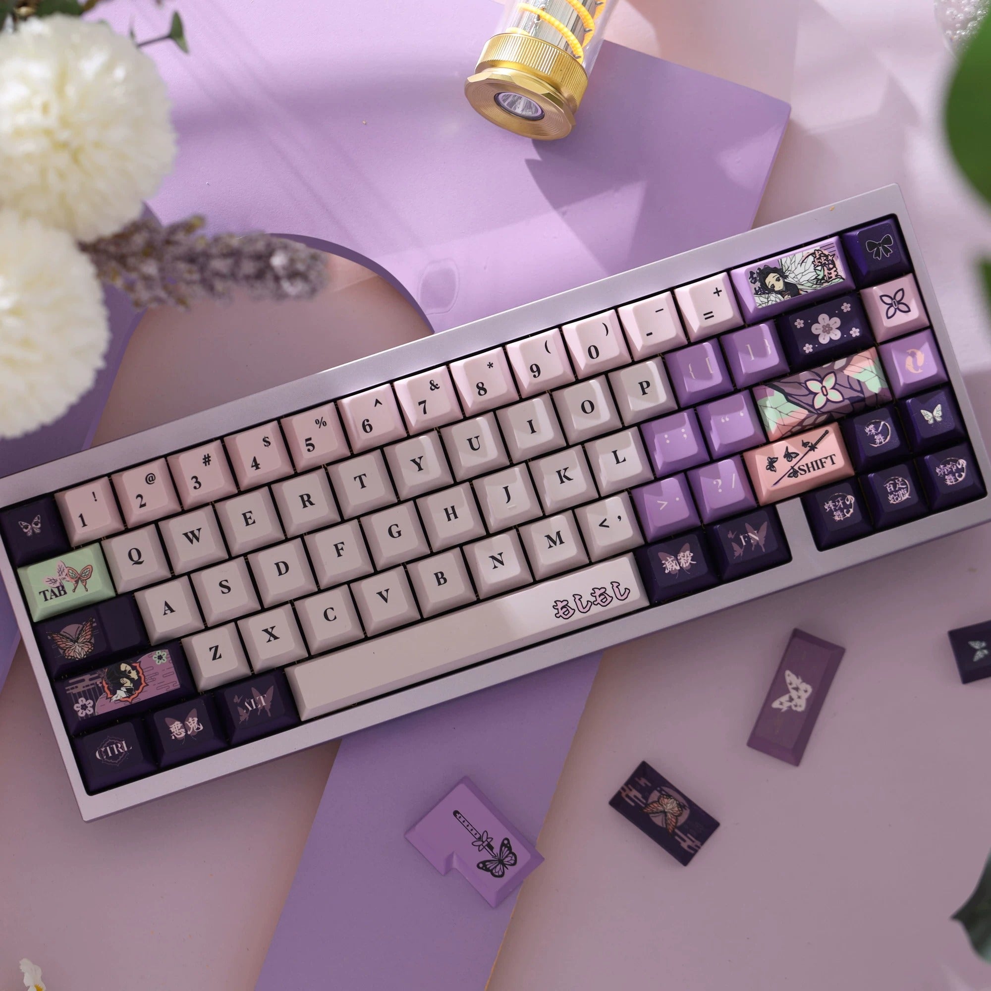 Demon Slayer: Kimetsu no Yaiba series, Kochou Shinobu theme, original high PBT material keycaps, full five sided thermal sublimation process mechanical keyboard custom set keycaps