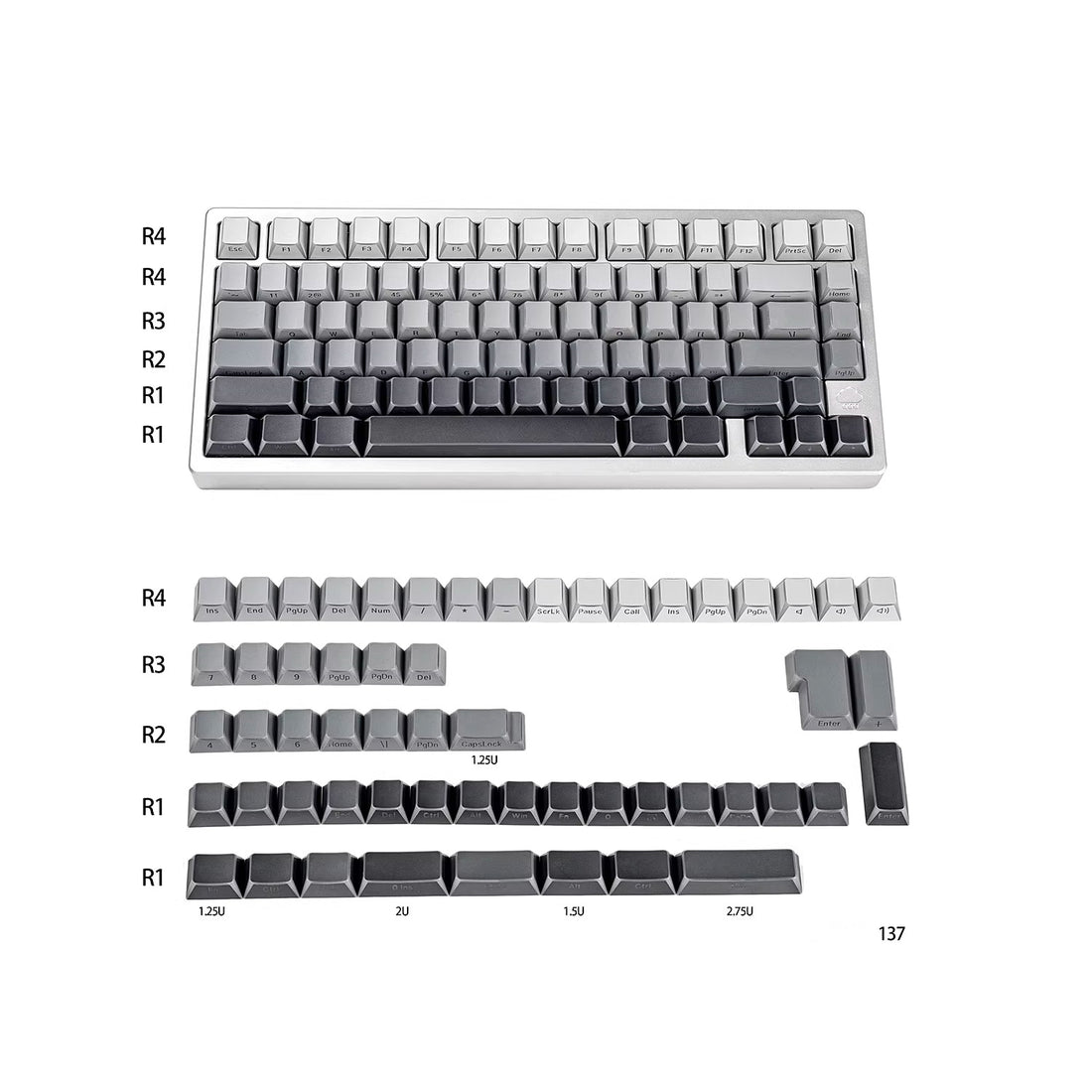 Black/white/gray gradient folded edges, transparent side engraved keyboard keycaps, customized PBT two-color injection molding