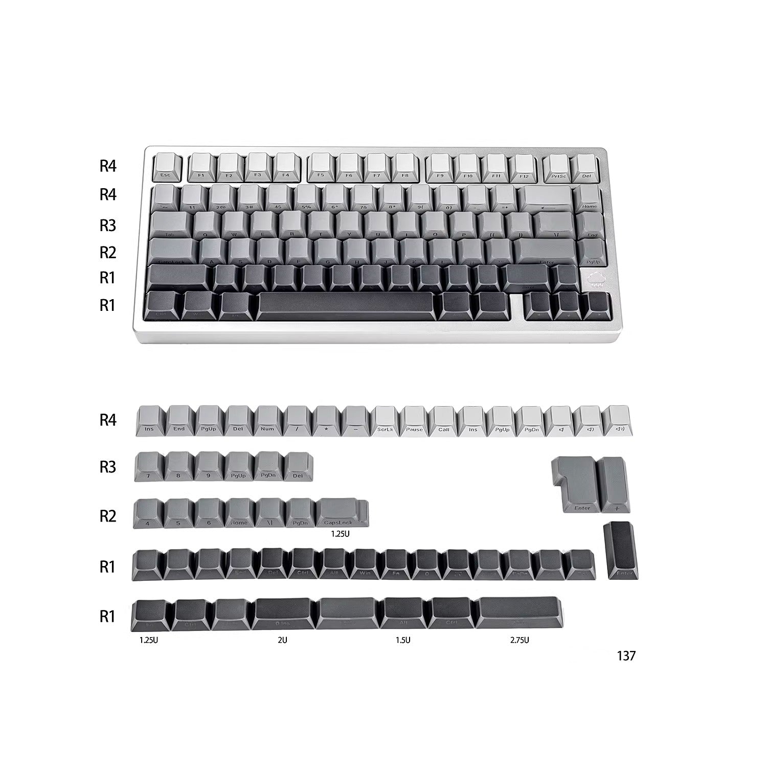 Black/white/gray gradient folded edges, transparent side engraved keyboard keycaps, customized PBT two-color injection molding