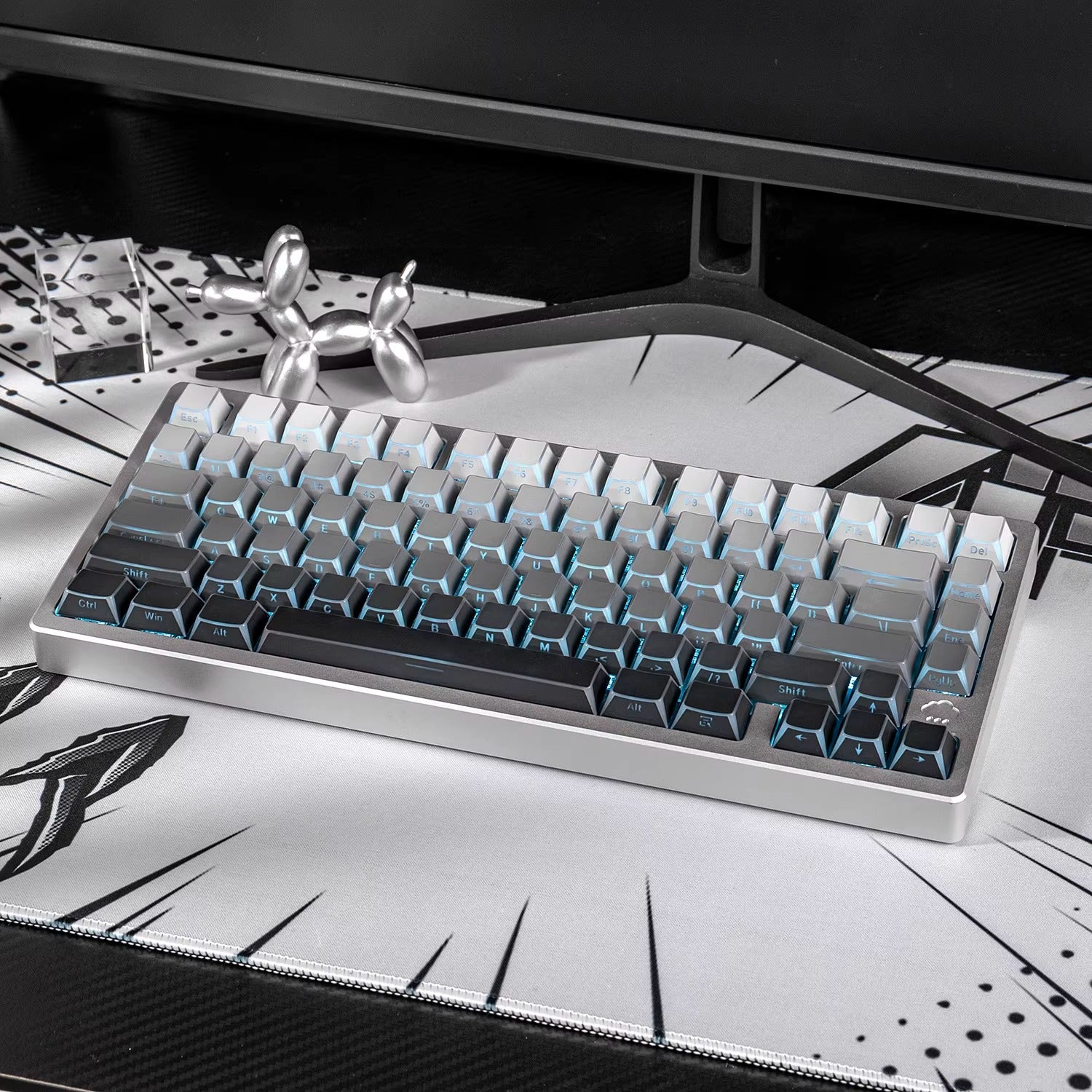 Black/white/gray gradient folded edges, transparent side engraved keyboard keycaps, customized PBT two-color injection molding