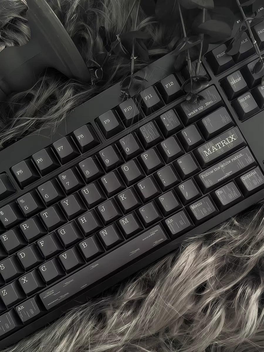 The Matrix Theme personalized keycap set, made of PBT material and featuring five sided heat sublimation technology keycaps with original factory height