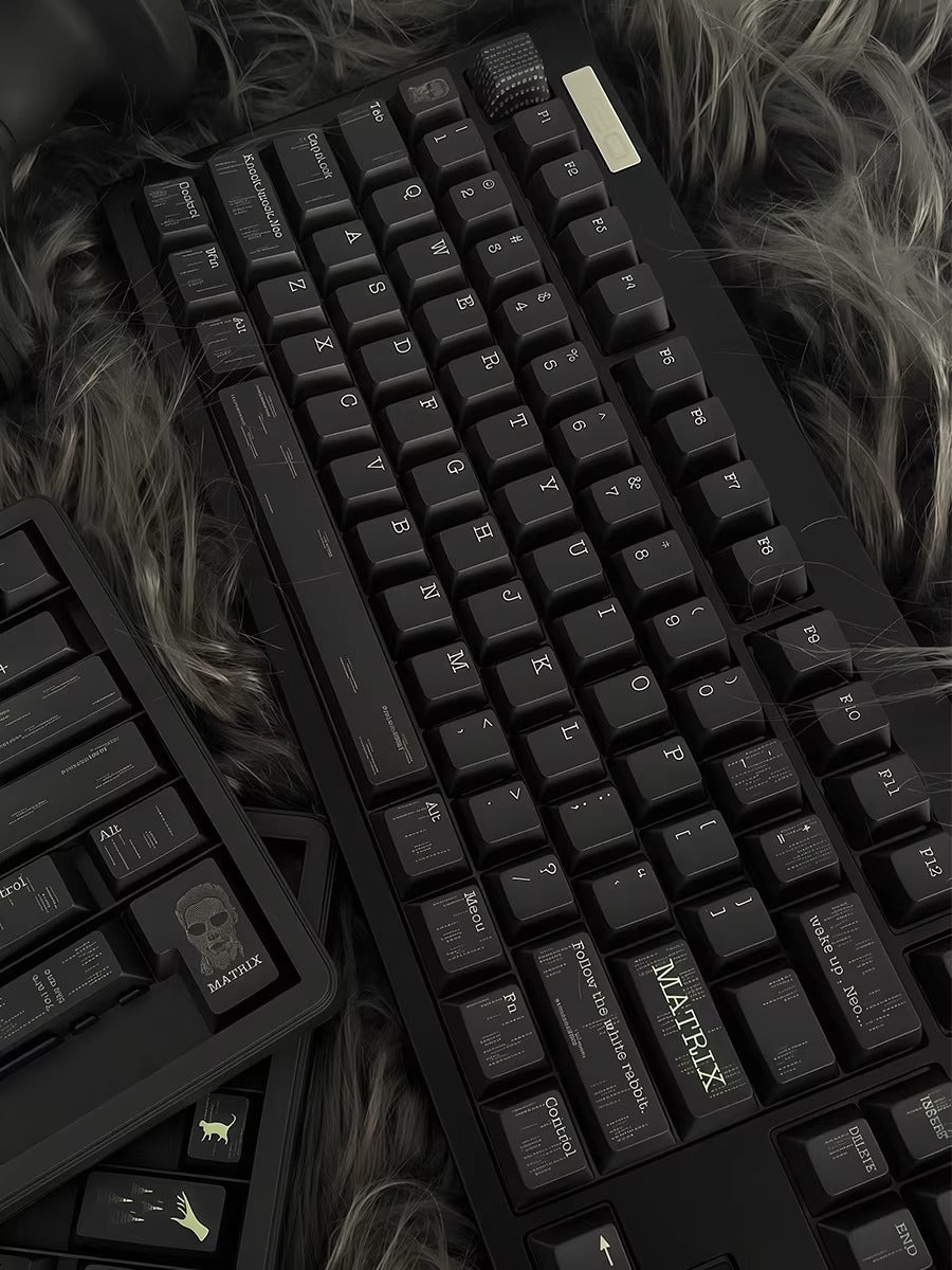 The Matrix Theme personalized keycap set, made of PBT material and featuring five sided heat sublimation technology keycaps with original factory height