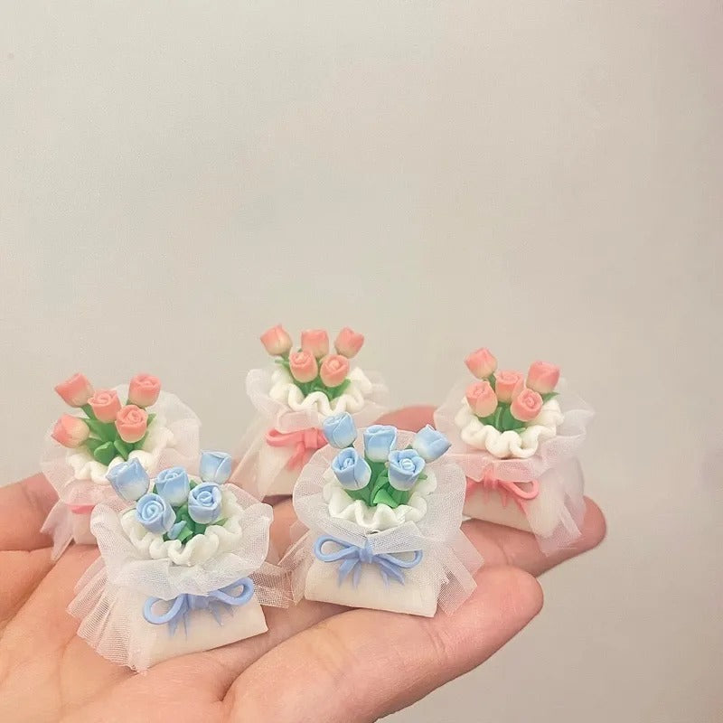 Handmade soft clay tulips, lace bouquets personalized keycaps, Valentine&