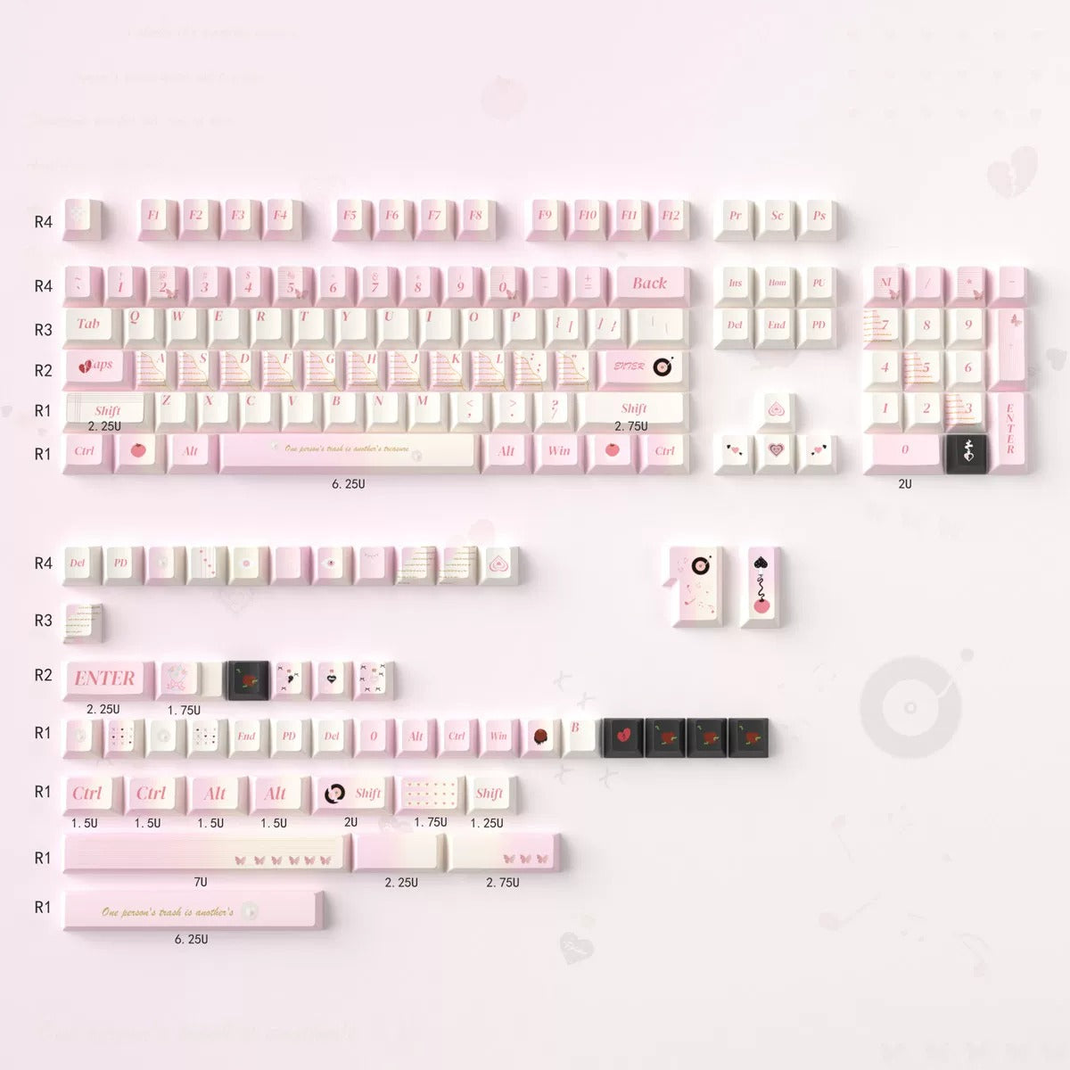 Love Notes, Pink themed PBT material personalized keycap set, mechanical keyboard replacement decorative keycaps, compatible with 61/64/68/75/84/87/104 key mechanical keyboard