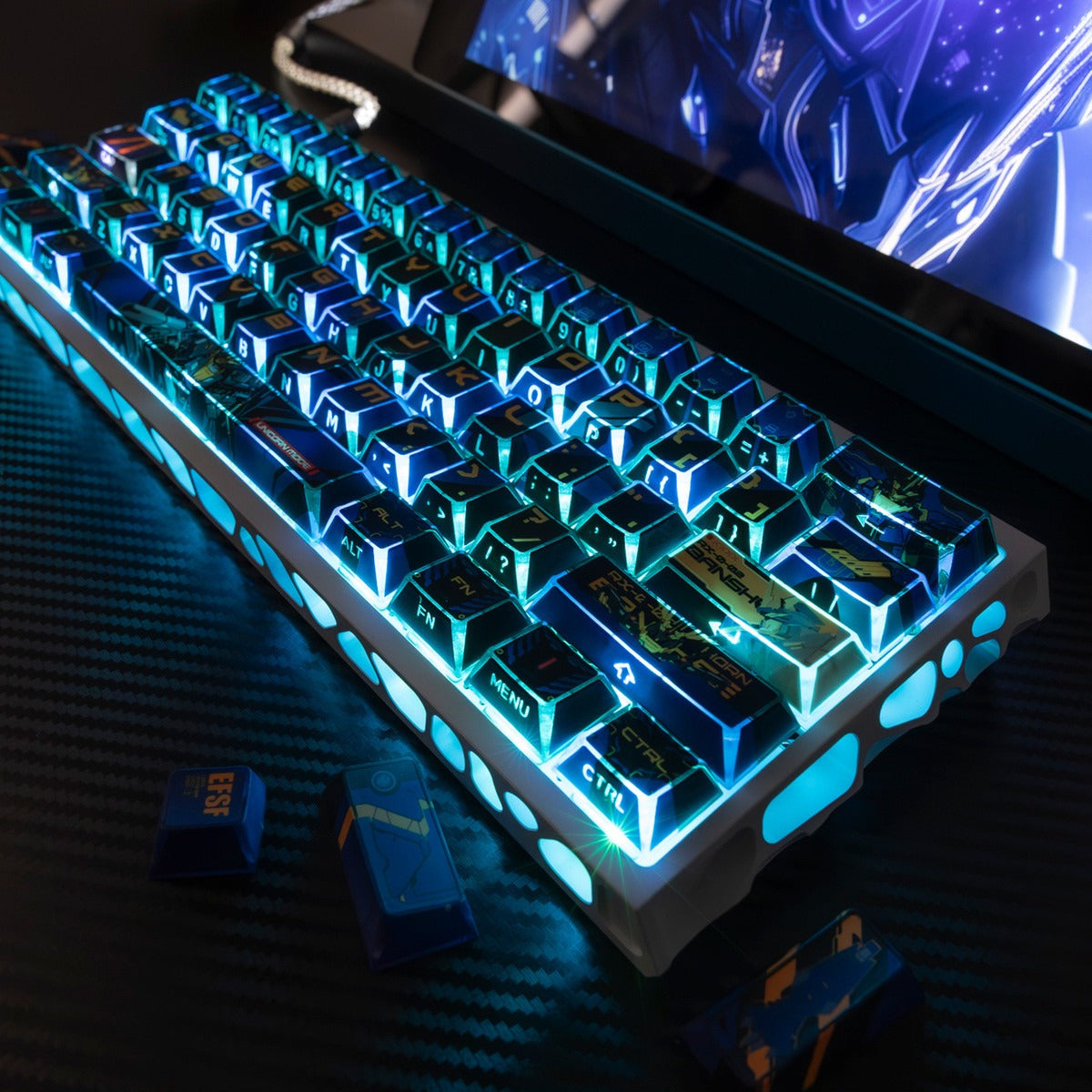 Gundam Theme Series Design Creative Set Keycaps, Light and Shadow Transparent, Folding Transparent Effect personalized keycap set, mechanical keyboard fashionable trend keycap compatible with 61/64/68/75/84/87/104 key mechanical keyboard