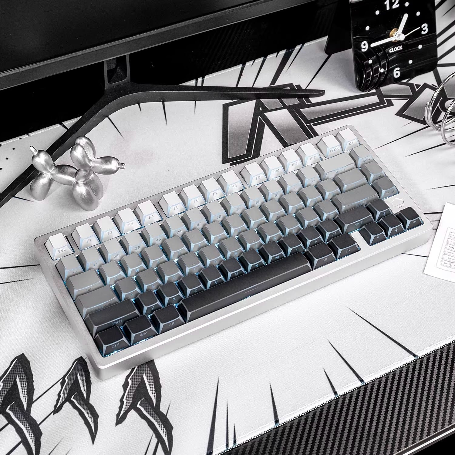 Black/white/gray gradient folded edges, transparent side engraved keyboard keycaps, customized PBT two-color injection molding