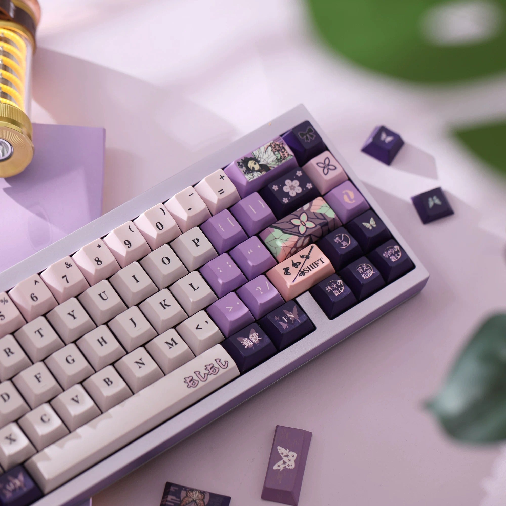 Demon Slayer: Kimetsu no Yaiba series, Kochou Shinobu theme, original high PBT material keycaps, full five sided thermal sublimation process mechanical keyboard custom set keycaps