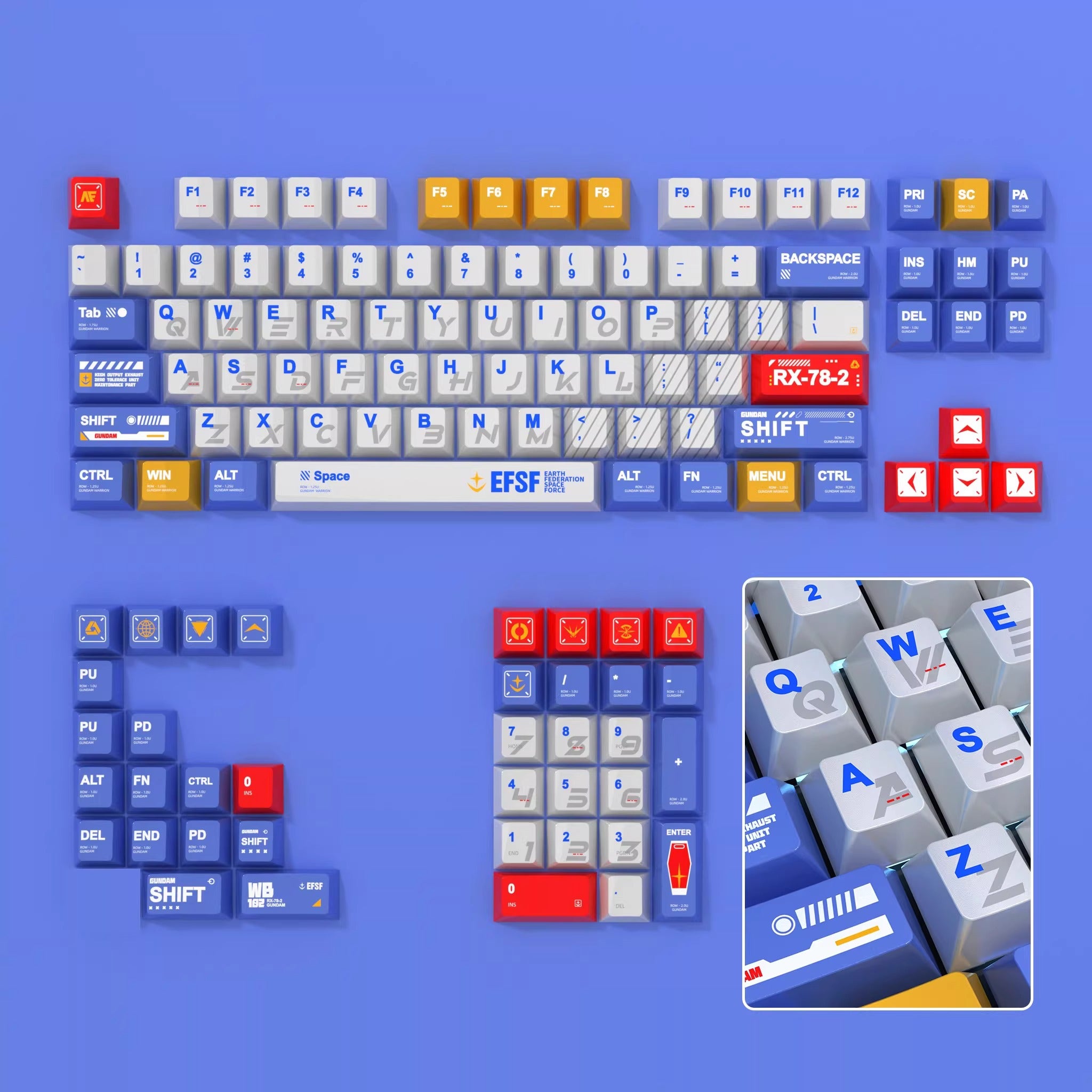 Gundam Mech themed keycaps, with a pearl metallic paint texture, PBT material, sublimation technology, animation cartoon decoration keycap set