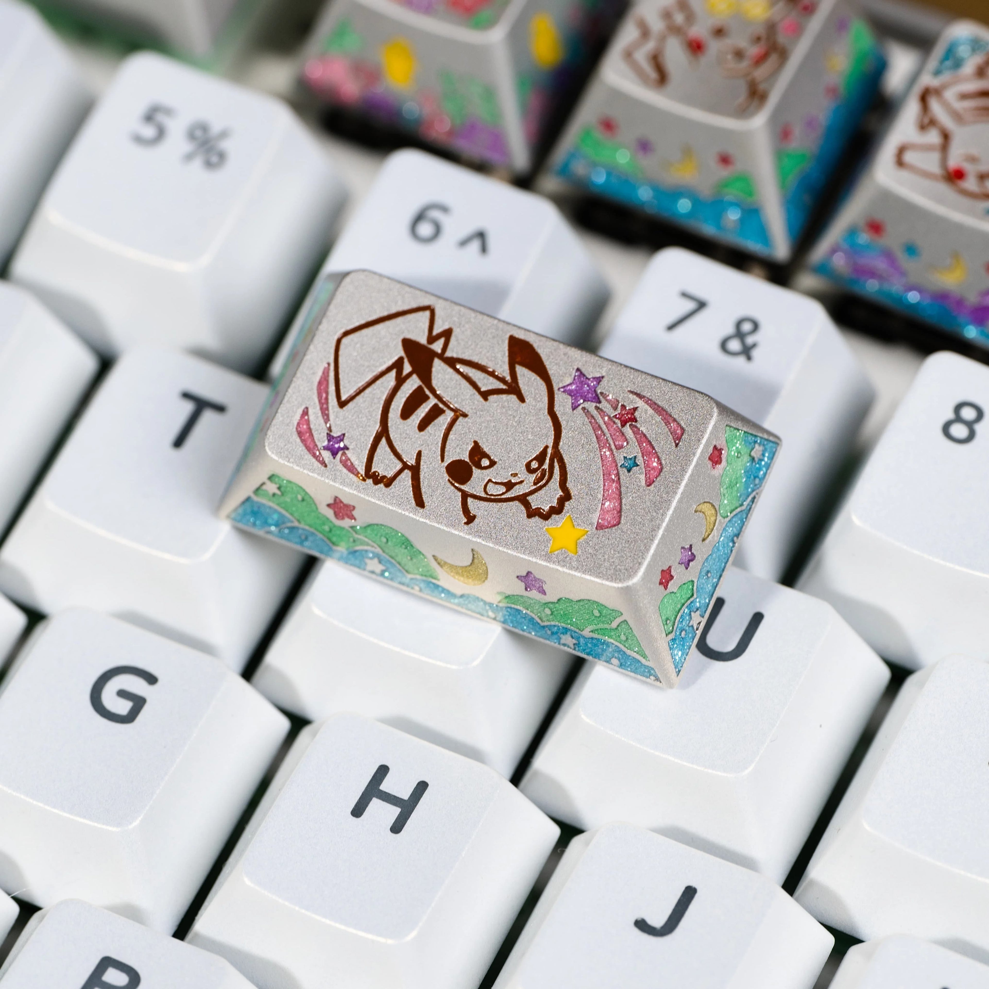 Pok é mon series, Pikachu themed design, keycaps made of aluminum alloy material CNC integrated precision machining personalized keycaps, mechanical keyboard decorative keycaps