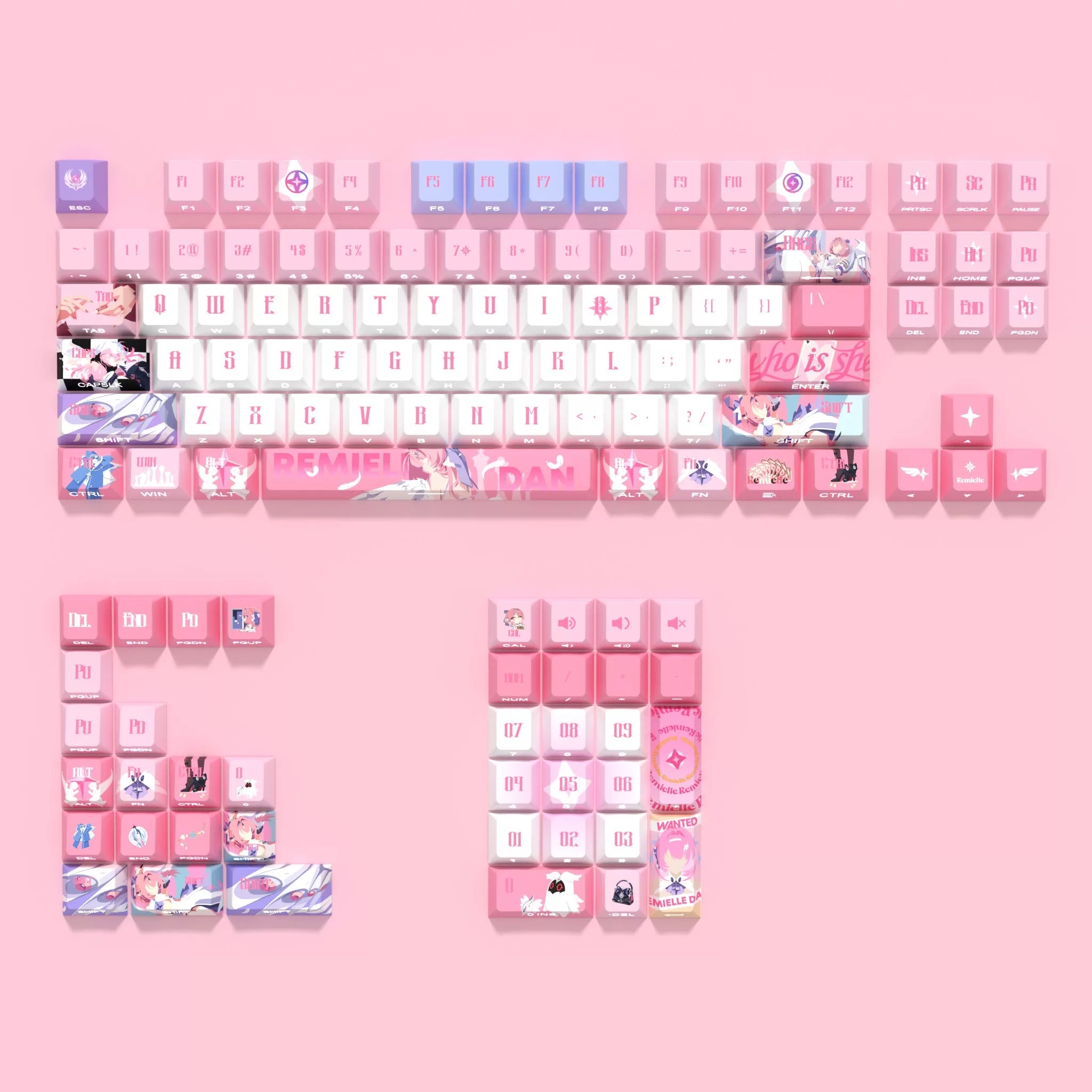 Zenless Zone Zero,Remielle Dan theme, PBT material personalized keycap set, anime keycap culture peripheral mechanical keyboard decoration keycaps, Compatible with 61/64/68/75/84/87/104 key mechanical keyboard keycap set