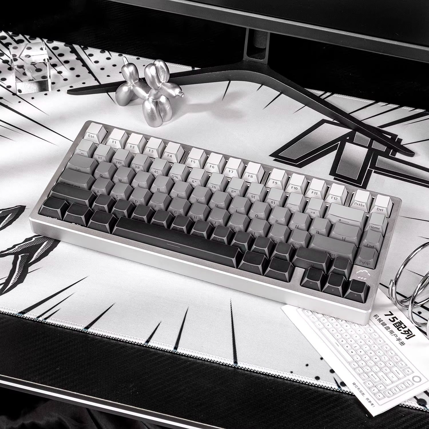 Black/white/gray gradient folded edges, transparent side engraved keyboard keycaps, customized PBT two-color injection molding