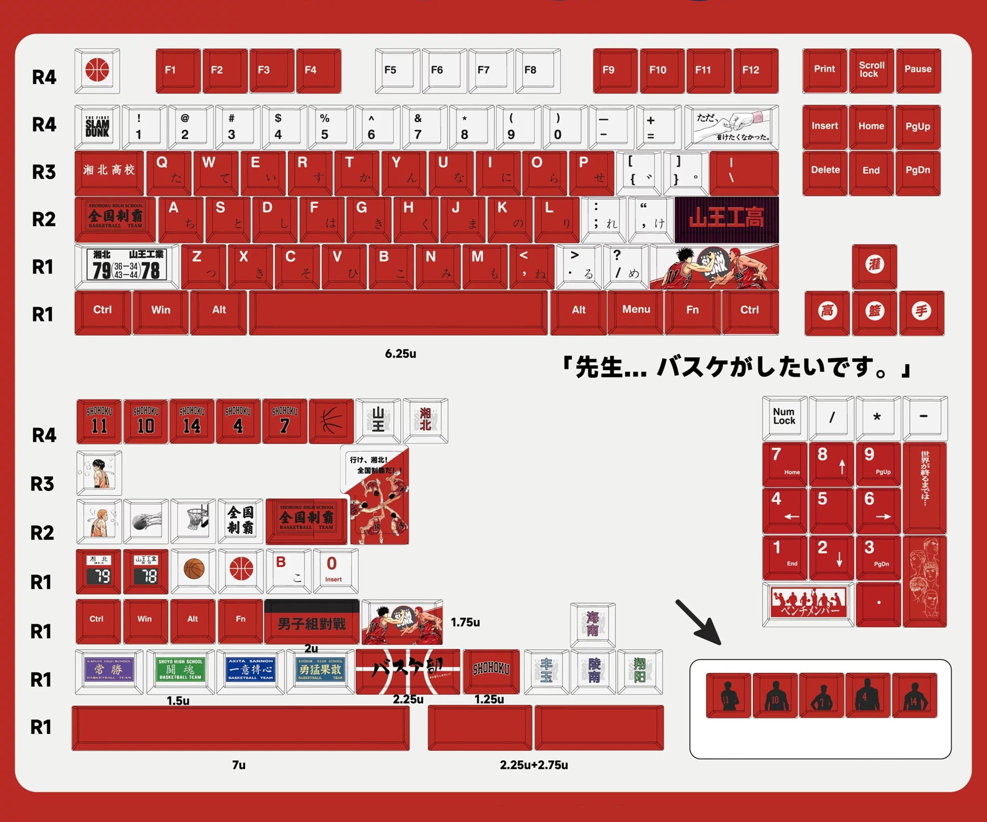 SLAM DUNK Theme PBT material personalized keycap set, anime cultural creative decoration keycap set, compatible with 61/64/68/75/84/87/104 mechanical keyboard
