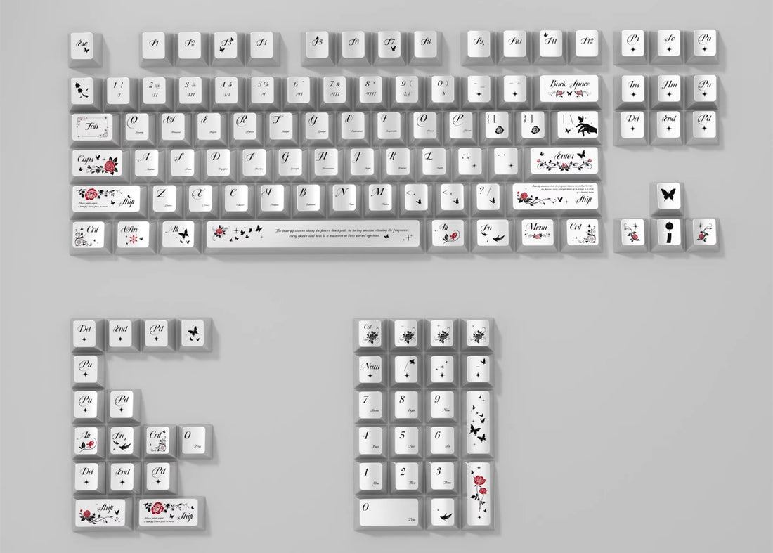 Butterfly Rose Theme, Pearl Metallic PBT Material Original Factory Highly Personalized Keycap Set, Anime Game Keycap Set, Suitable for 61/64/68/75/84/87/104 Key Mechanical Keyboard