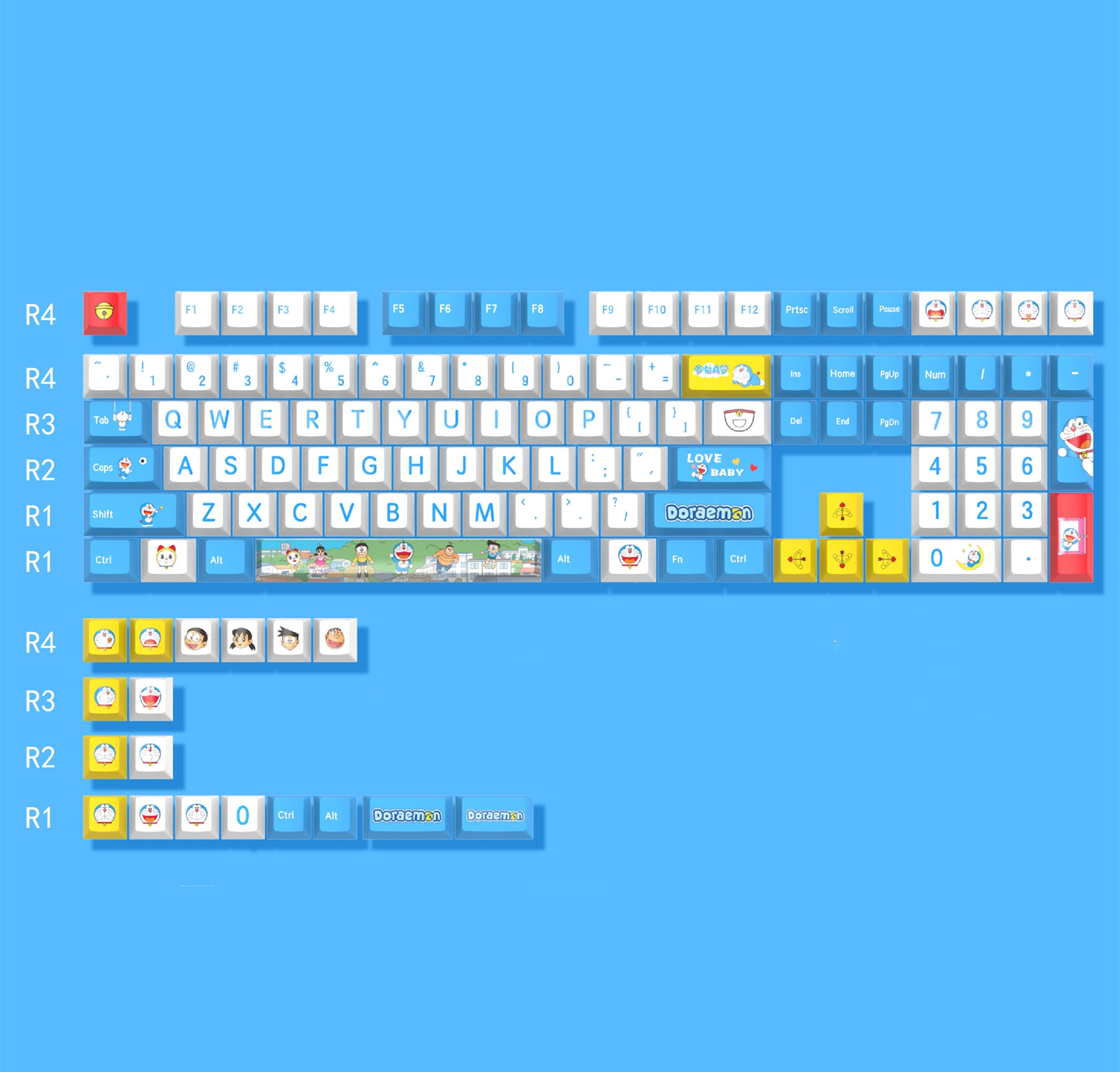 Doraemon theme design, made of PBT material, sublimation, Personalized keycaps, mechanical keyboard decorative keycaps.