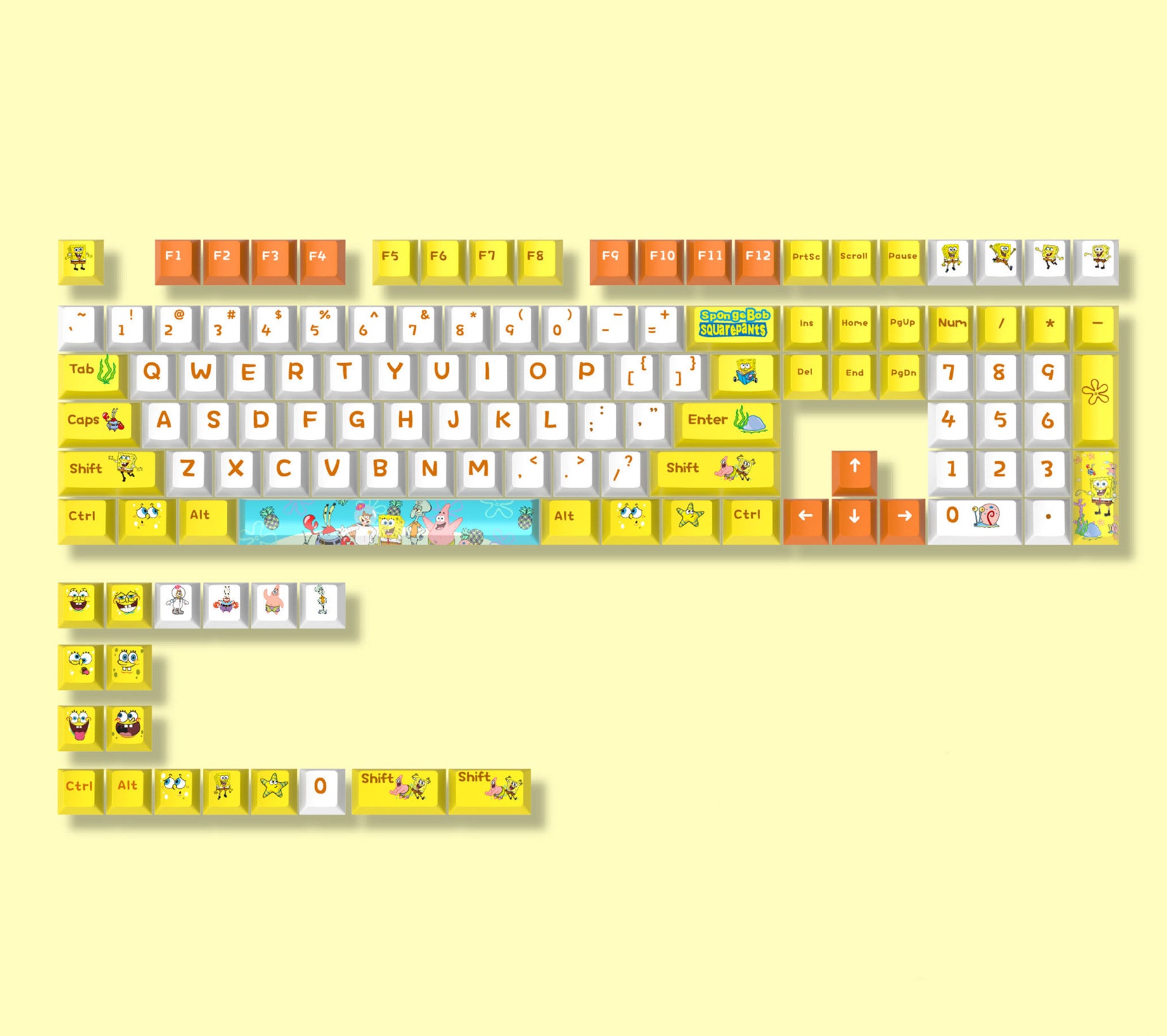 SpongeBob SquarePants Theme Design, PBT Material, sublimation, Personalized keycaps, mechanical keyboard decorative keycaps.