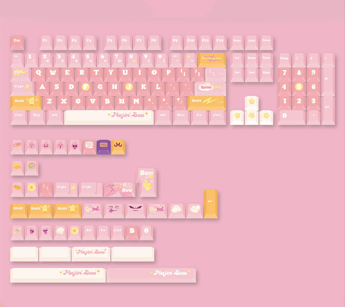 Dragon Ball, pink Majin Buu PBT material creative keycap set, mechanical keyboard decorative keycaps, Anime game creative peripheral, artistic keycaps, Compatible with 61/64/68/75/84/87/104 key mechanical keyboard keycap set