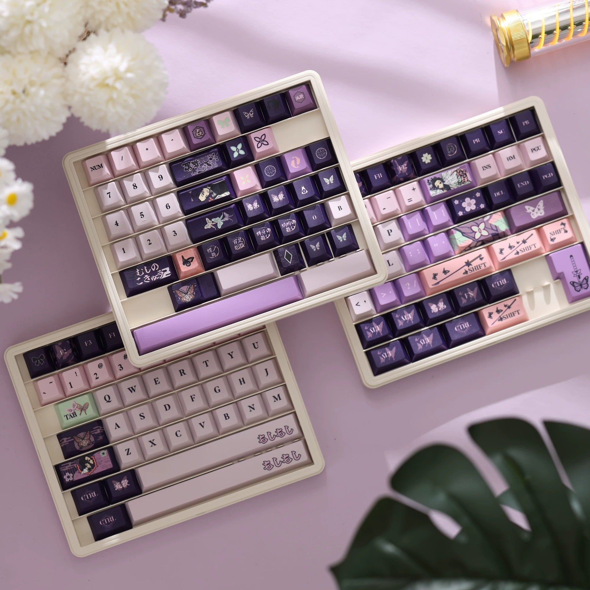 Demon Slayer: Kimetsu no Yaiba series, Kochou Shinobu theme, original high PBT material keycaps, full five sided thermal sublimation process mechanical keyboard custom set keycaps
