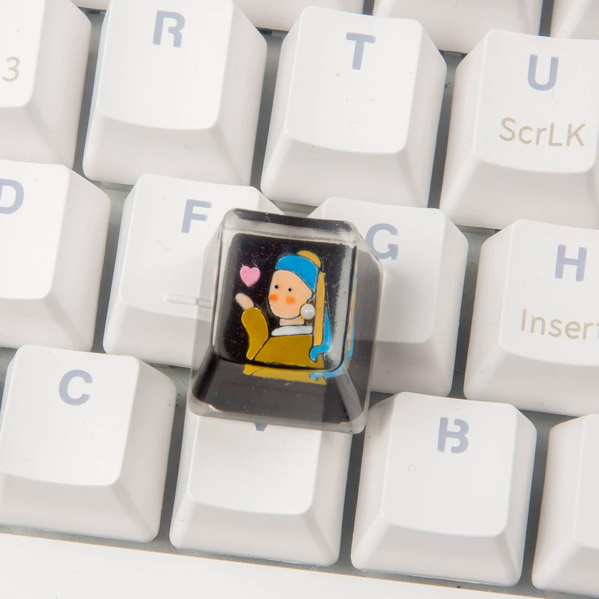Hand drawn Het meisje met de parel crystal resin personalized keycaps, artistic decorative keycaps, handmade keyboard keycaps
