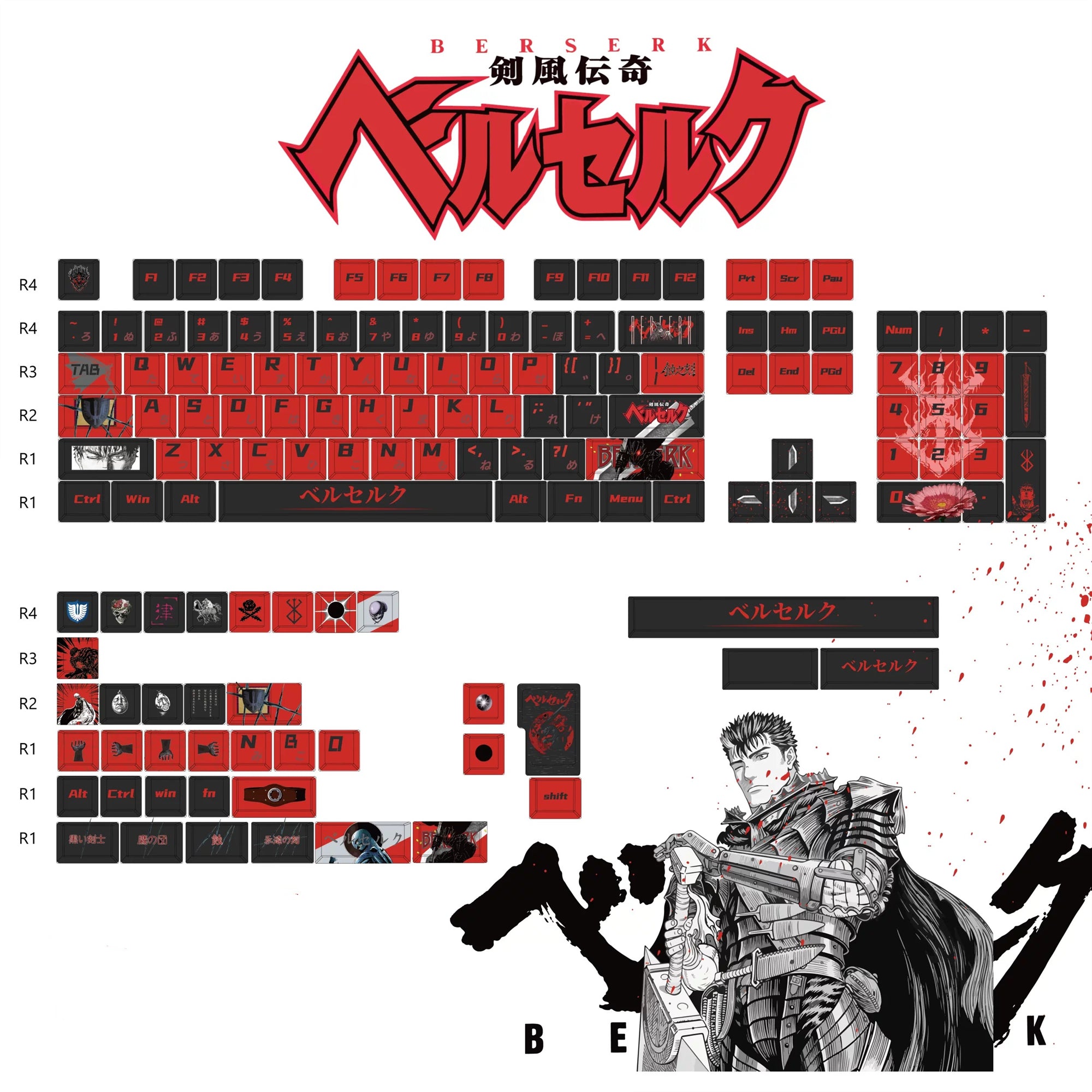 Berserk themed design set keycaps, PBT material original factory highly personalized keycap set, anime game keycap set, suitable for 61/64/68/75/84/87/104 key mechanical keyboards