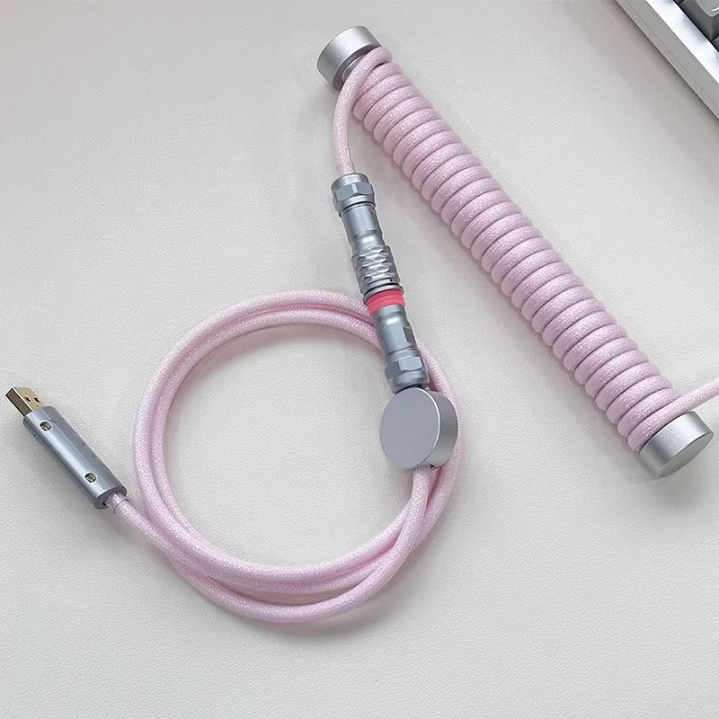Light pink glitter handmade custom keyboard aviation plug spiral data cable