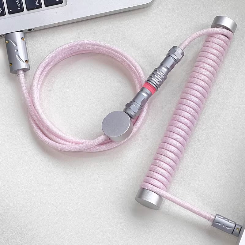 Light pink glitter handmade custom keyboard aviation plug spiral data cable