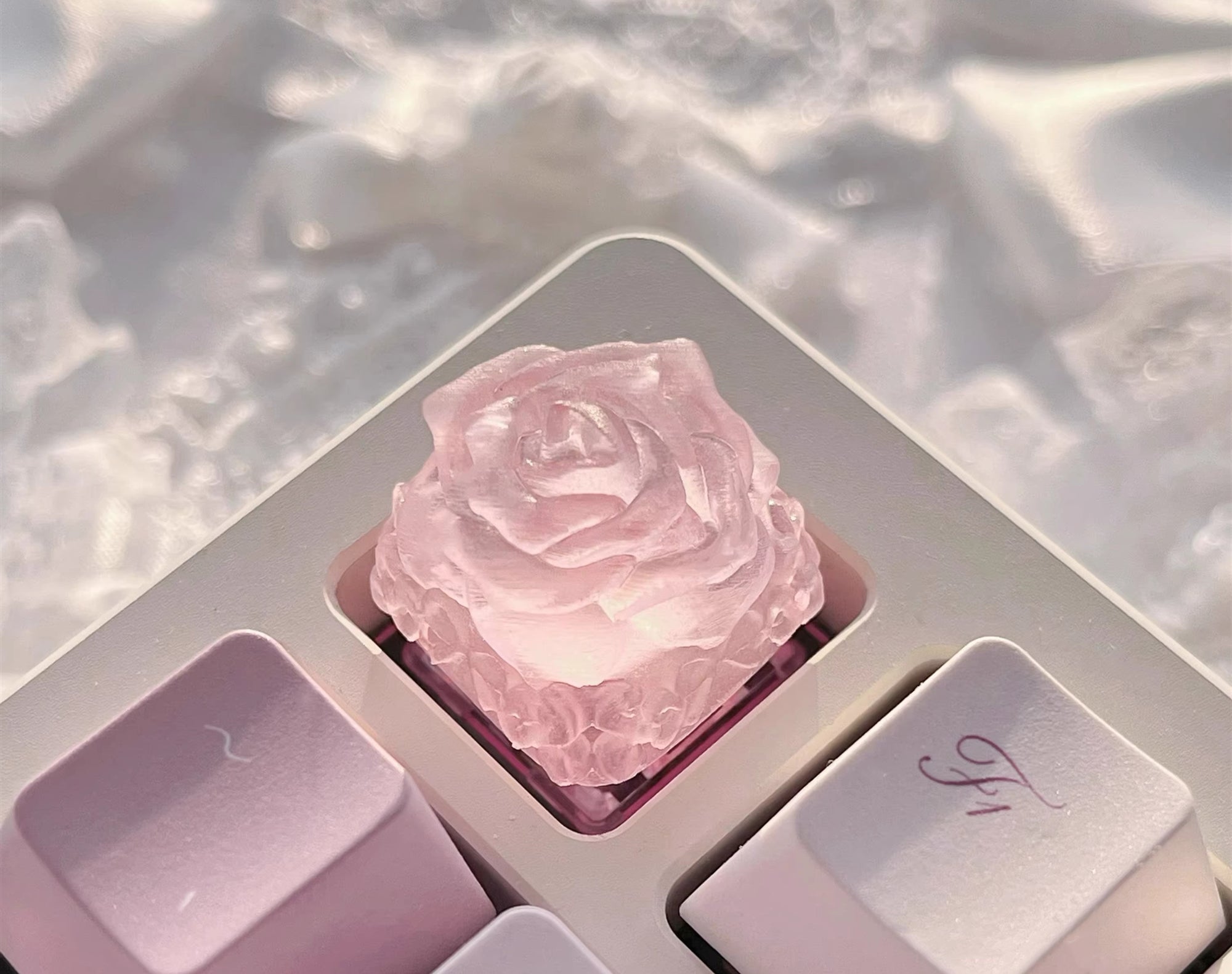 Ice rose mist translucent cute transparent resin personalized keycaps, rose shaped decorative art keycaps