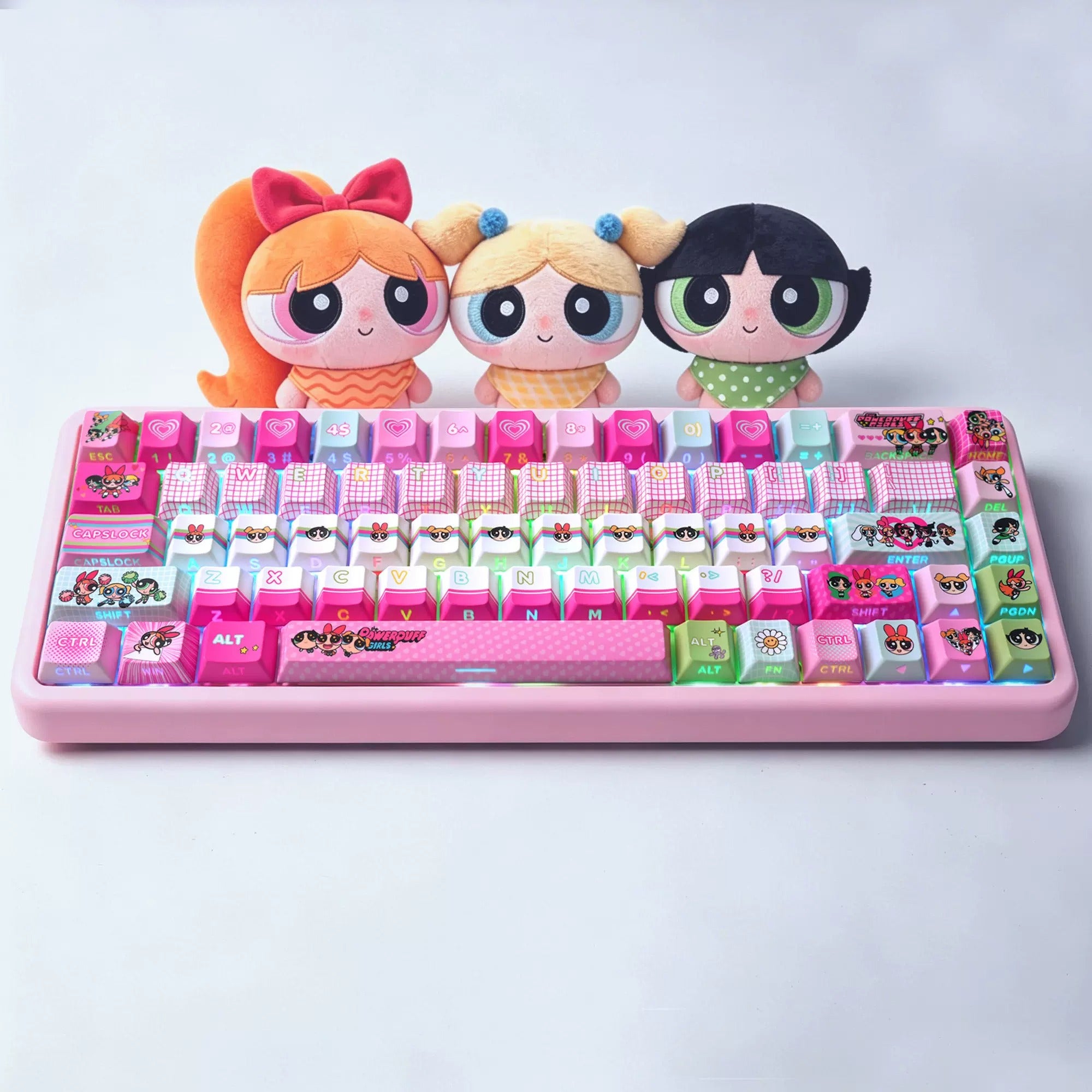 The Powerpuff Girls Season theme, pink keycap set PBT+PC material personalized keycap set, anime and games cultural creative decoration keycap set, compatible with 61/64/68/75/84/87/104 mechanical keyboard