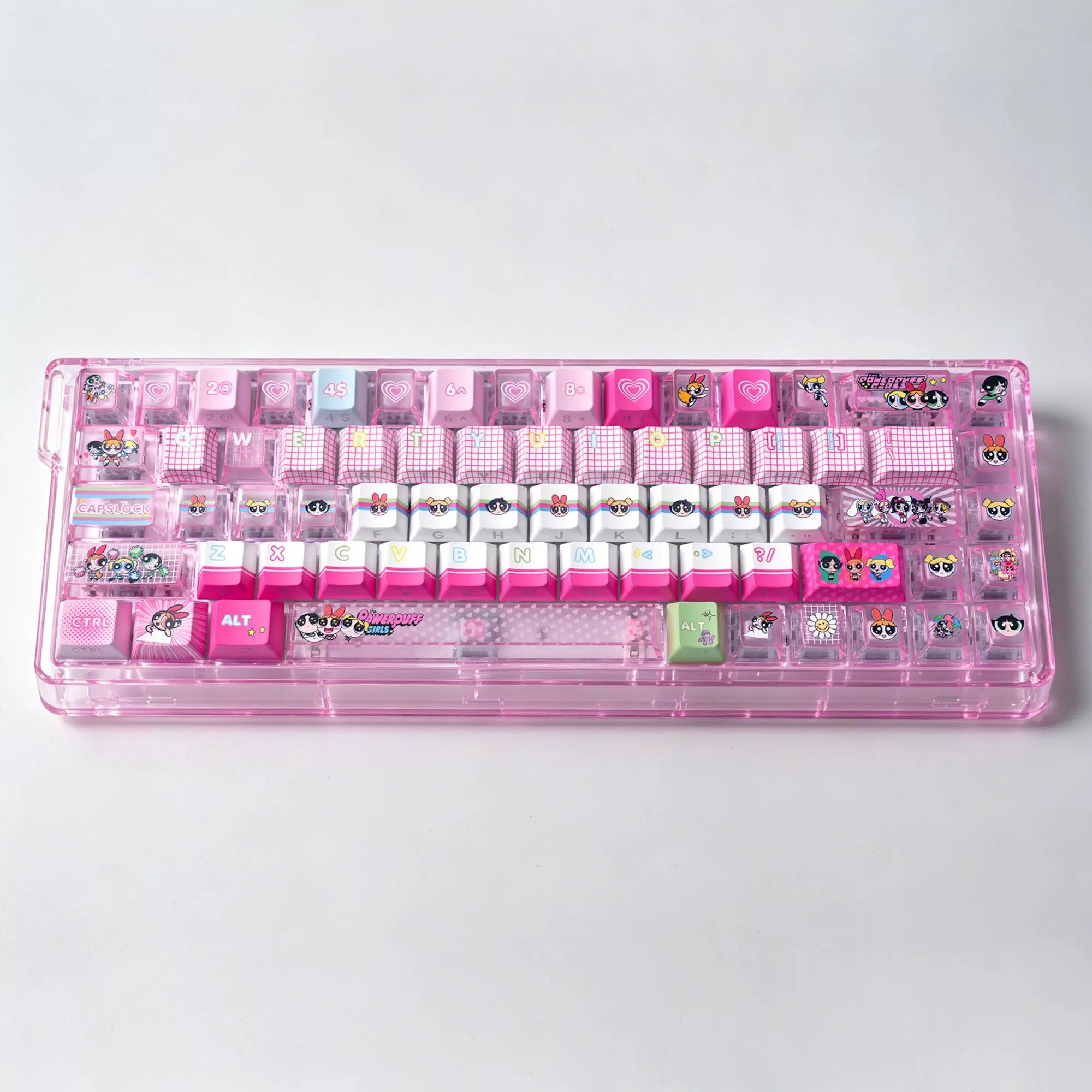 The Powerpuff Girls Season theme, pink keycap set PBT+PC material personalized keycap set, anime and games cultural creative decoration keycap set, compatible with 61/64/68/75/84/87/104 mechanical keyboard
