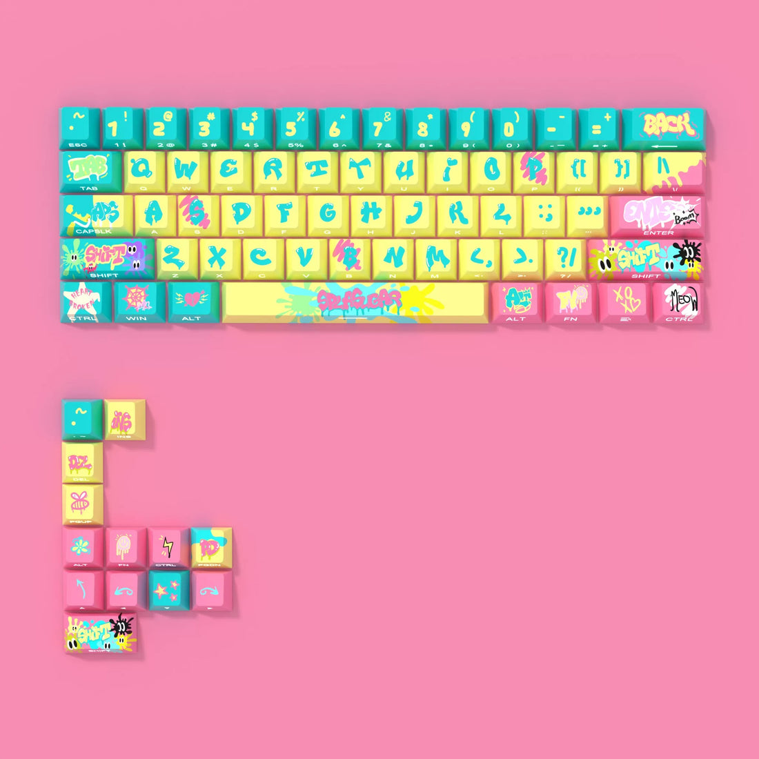 Gum graffiti theme design, PBT material personalized keycap set, anime and games cultural creative decoration keycap set, compatible with 61/64/68/75/84/87/104 mechanical keyboard