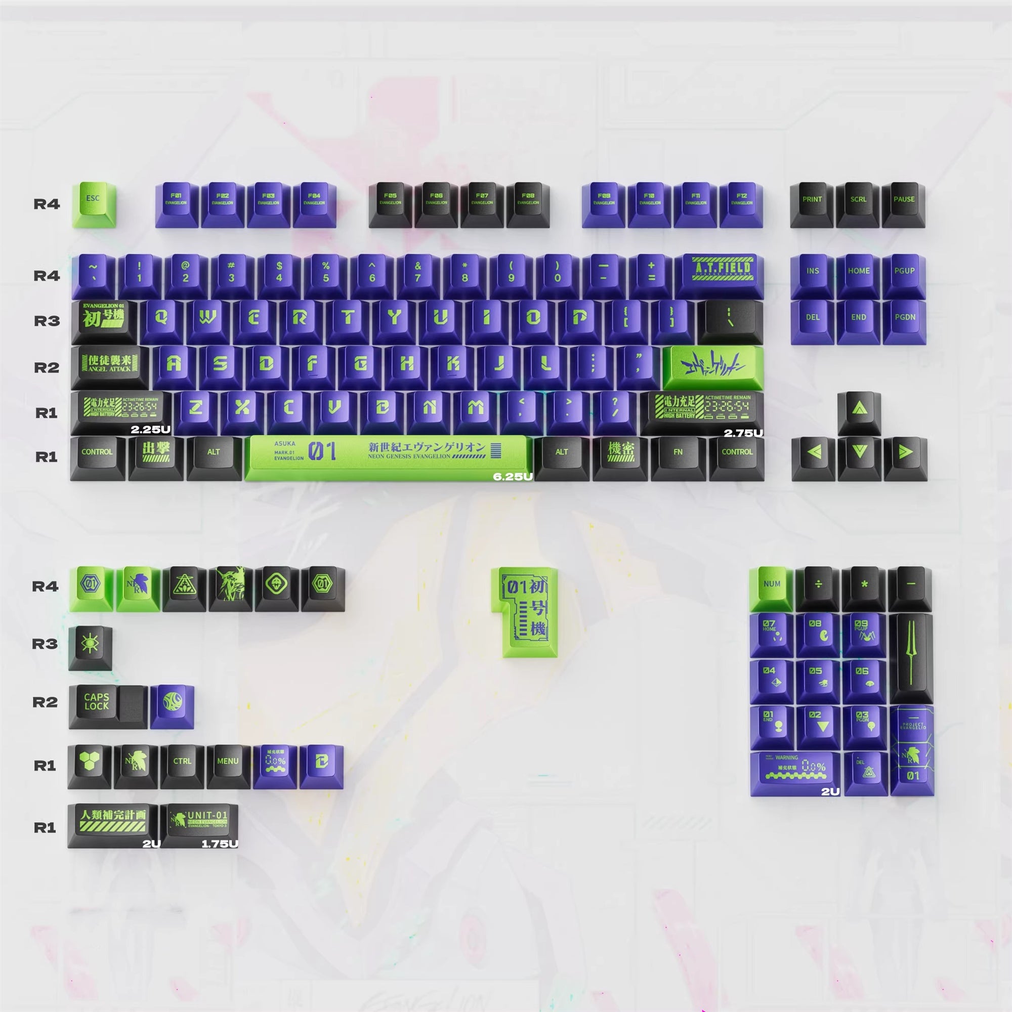 EVA series, mecha themed design, PBT metallic paint material personalized keycap set, anime and game creative design decoration set keycaps