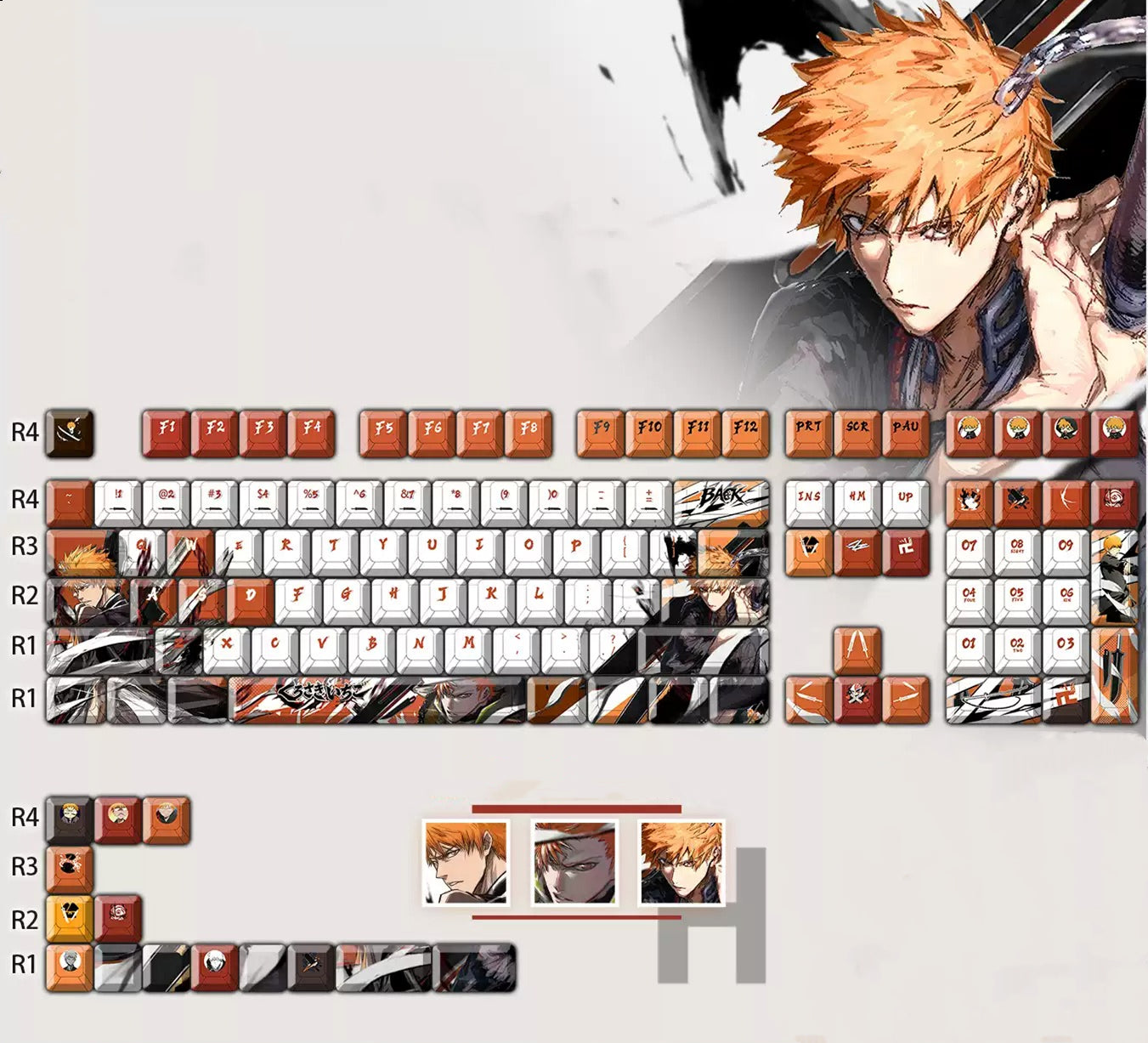 BLEACH,Kurosaki Ichigo theme, PBT material personalized keycap set, anime keycap culture peripheral mechanical keyboard decoration keycaps, Compatible with 61/64/68/75/84/87/104 key mechanical keyboard keycap set