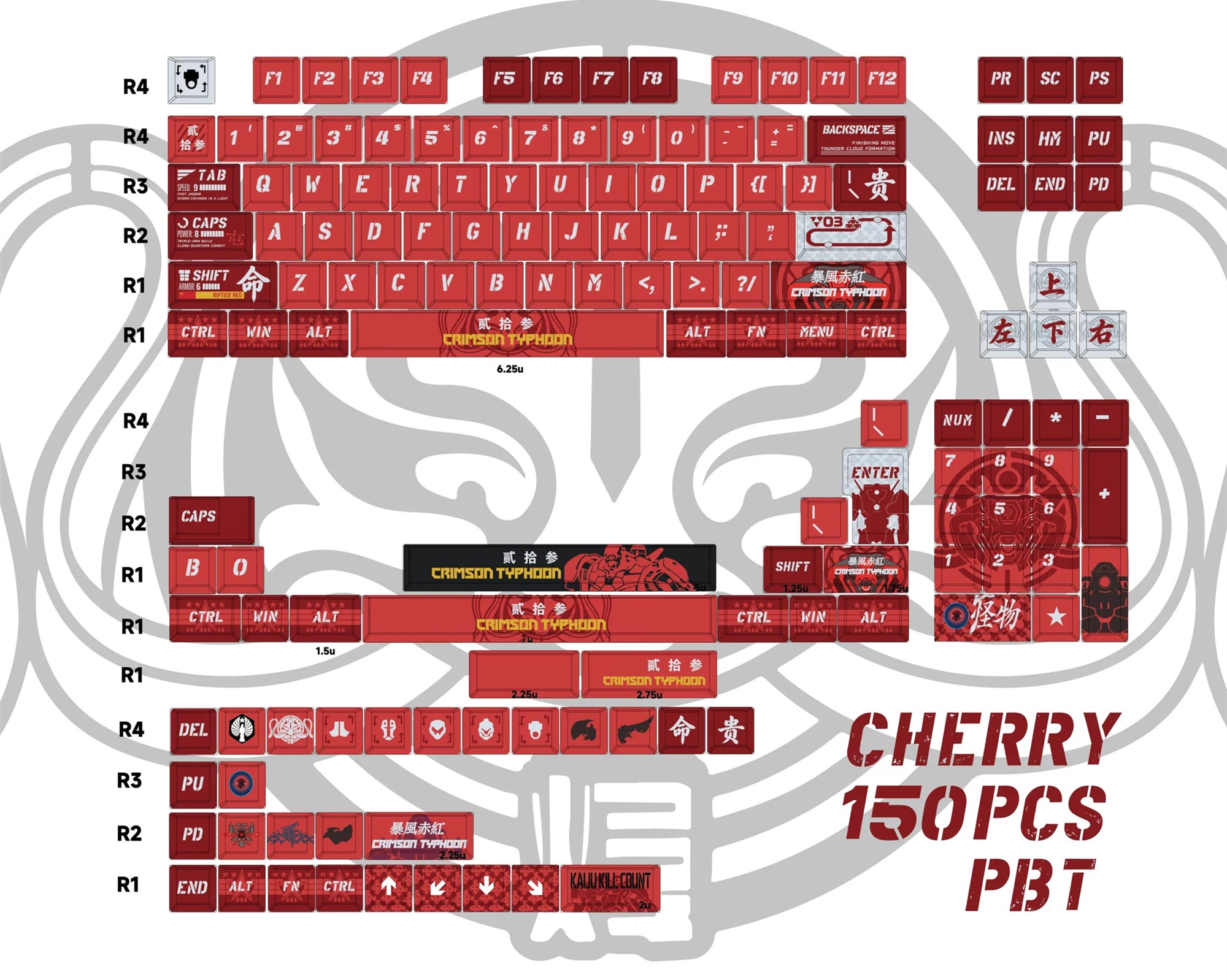 Pacific Rim theme, Crimson Typhoon,PBT material personalized keycaps, mechanical keyboard replacement keycap set, anime and game cultural and creative keycaps set, Compatible with 61/64/68/75/84/87/104 Key Mechanical Keyboard Keycap Set