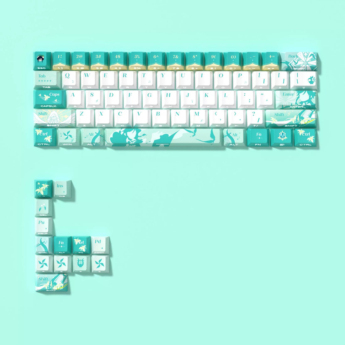 Genshin Impact series, Barbatos theme key cap set, PBT material personalized key cap set, animation game culture creative decoration key cap set, compatible with 61/64/68/75/84/87/104 key mechanical keyboard