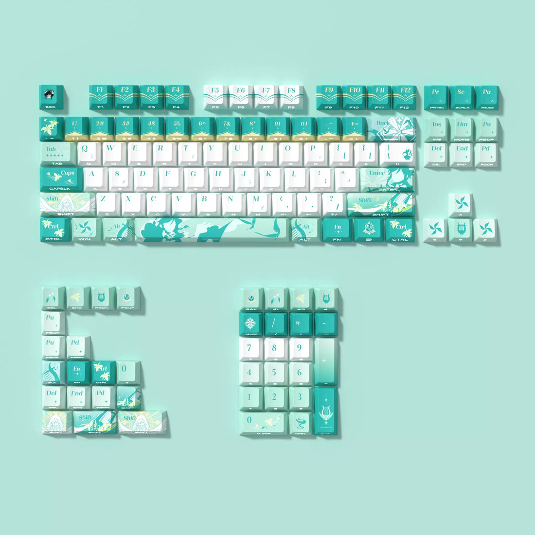 Genshin Impact series, Barbatos theme key cap set, PBT material personalized key cap set, animation game culture creative decoration key cap set, compatible with 61/64/68/75/84/87/104 key mechanical keyboard