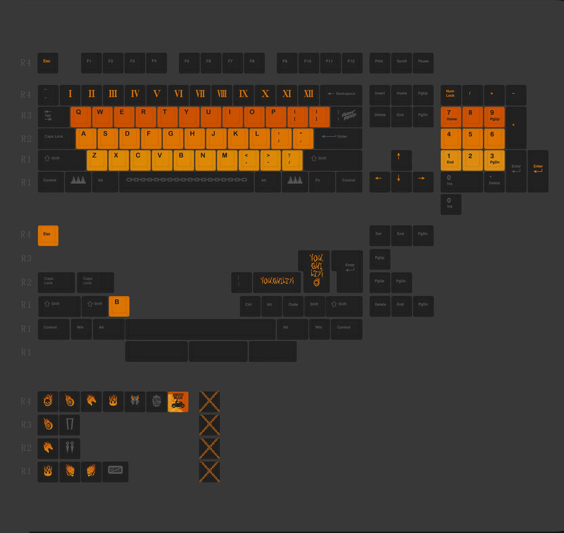 Ghost Rider PBT material creative keycap set, mechanical keyboard decorative keycaps, Anime, games, movies, creative peripherals, artistic keycaps, Compatible with 61/64/68/75/84/87/104 key mechanical keyboard keycap set