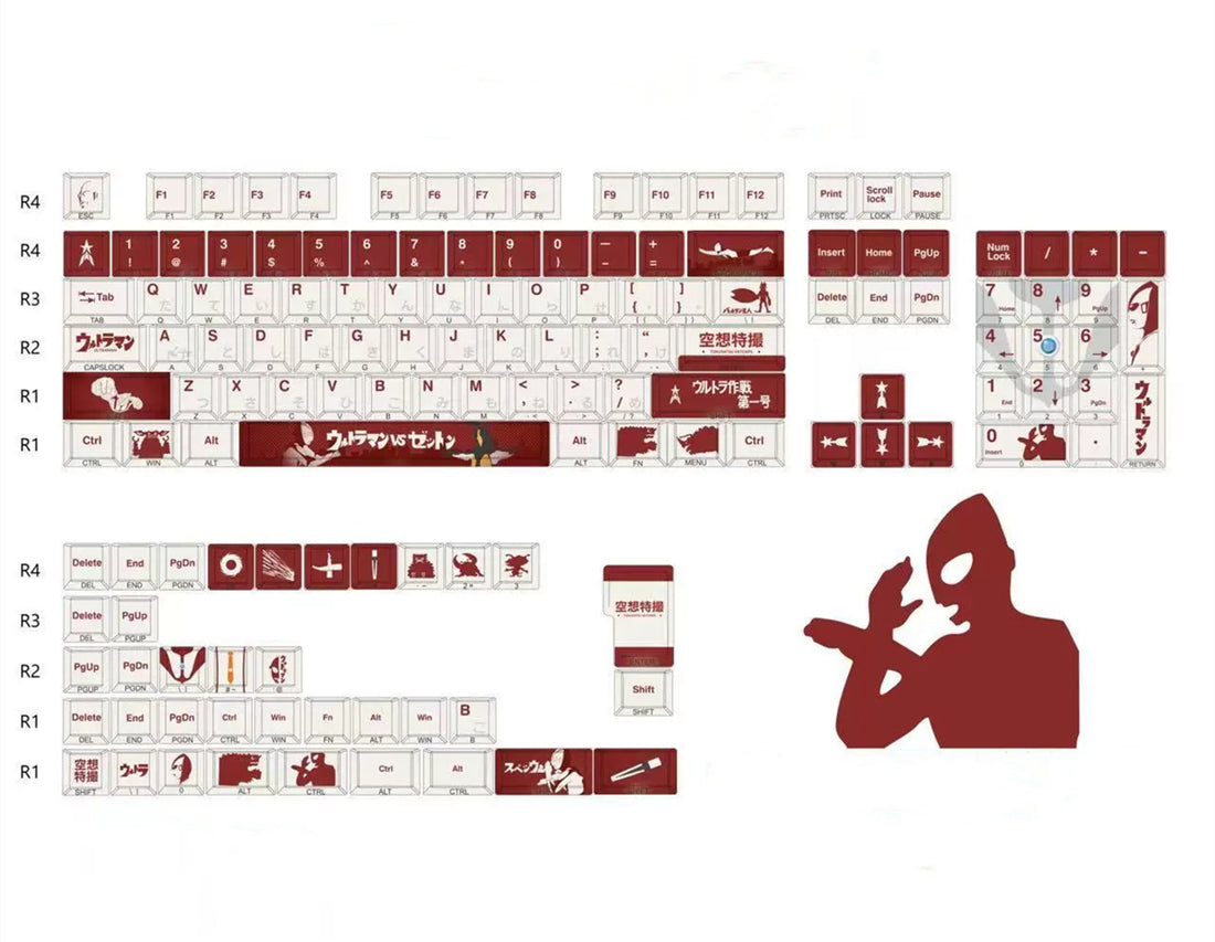 Ultraman series, first generation Ultraman themed personalized keycap set, available in red/black, PBT material original factory highly personalized keycap set, anime and game themed keycaps, suitable for 61/64/68/75/84/87/104 key mechanical keyboards.