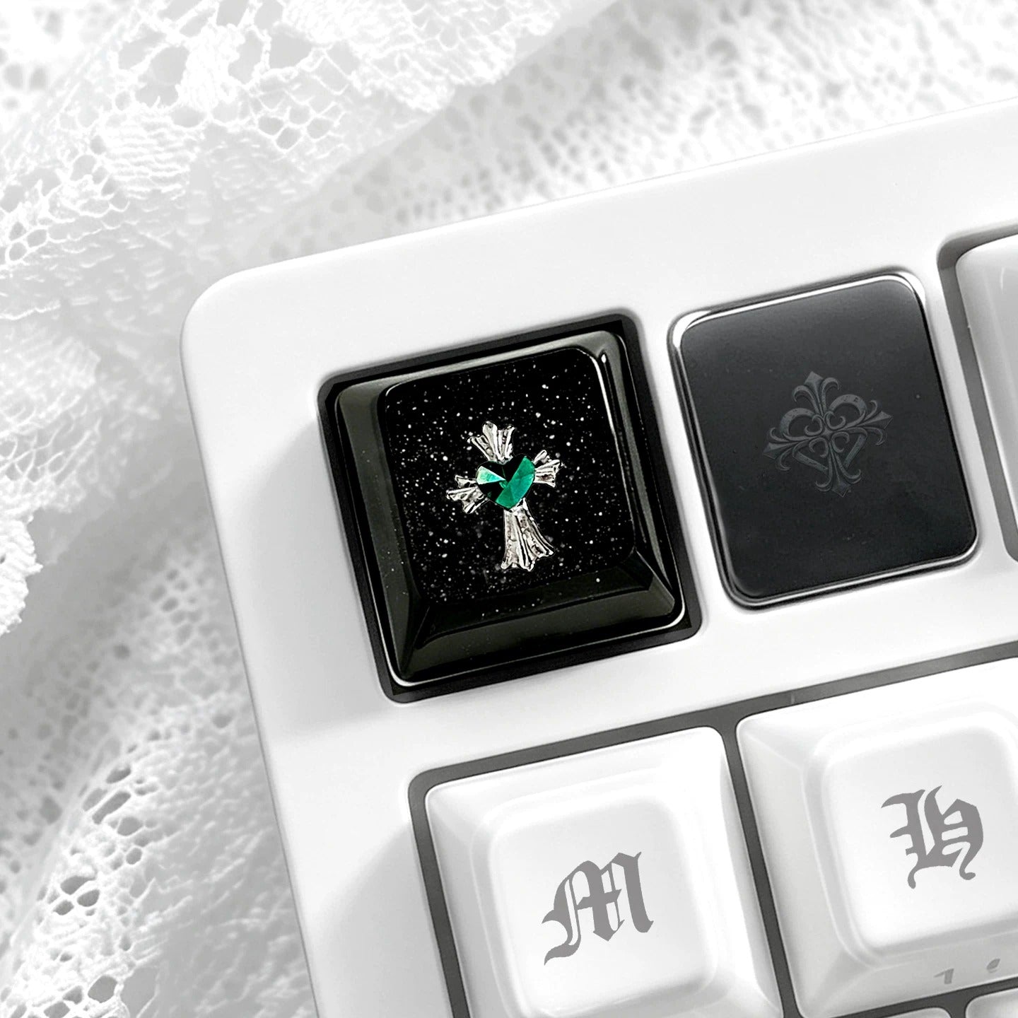 Gothic, dark style, crystal resin cross themed personalized keycaps, mechanical keyboard art decorative keycaps