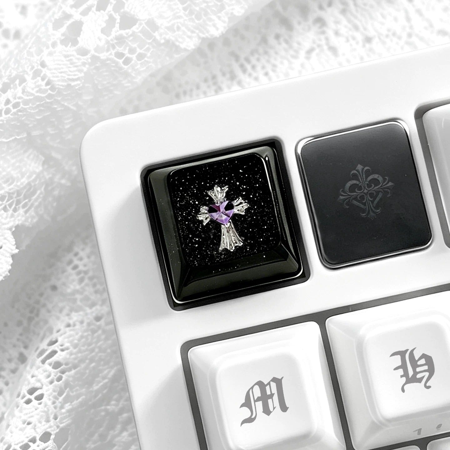 Gothic, dark style, crystal resin cross themed personalized keycaps, mechanical keyboard art decorative keycaps