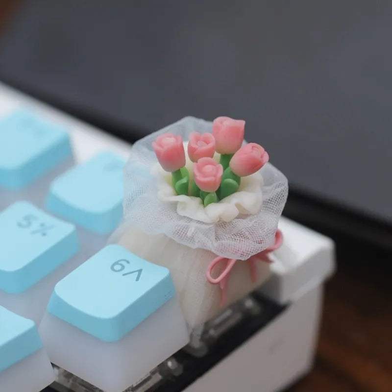 Handmade soft clay tulips, lace bouquets personalized keycaps, Valentine&