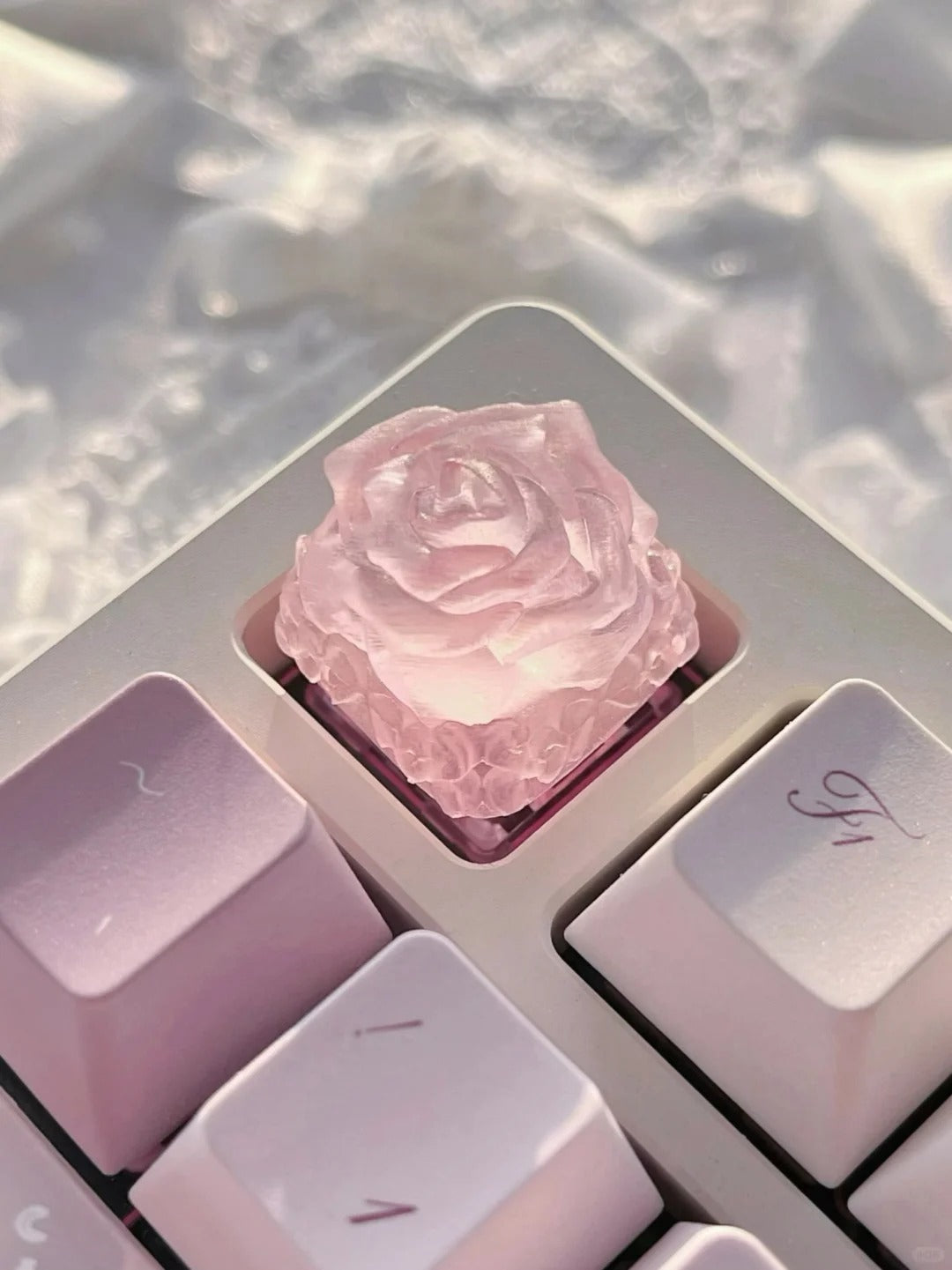 Ice rose mist translucent cute transparent resin personalized keycaps, rose shaped decorative art keycaps