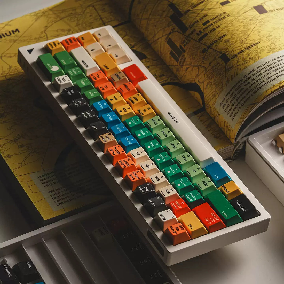 Retro color scheme, vintage rainbow color, dopamine color scheme creative haphazardly pieced keycaps PBT material personalized keycap set, mechanical keyboard replacement decorative keycaps, compatible with 61/64/68/75/84/87/104 key mechanical keyboard