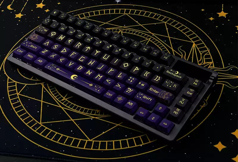 Night Sky Fantasy Theme Design with Large Characters PBT material personalized keycap set, mechanical keyboard replacement decorative keycaps, Starry Sky Divination Keycaps Compatible with 61/64/68/75/84/87/104 Key Mechanical Keyboards