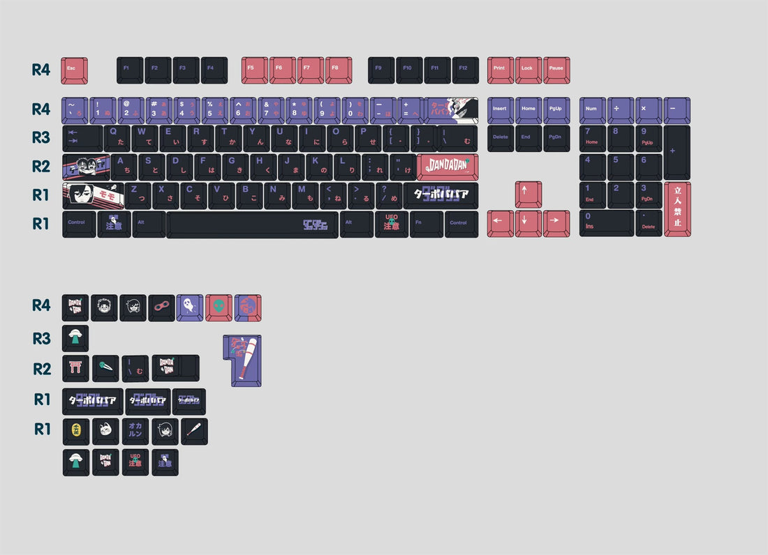 DAN DA DAN Theme Design Creative Keycaps, PBT material personalized key cap set, animation game culture creative decoration key cap set, compatible with 61/64/68/75/84/87/104 key mechanical keyboard