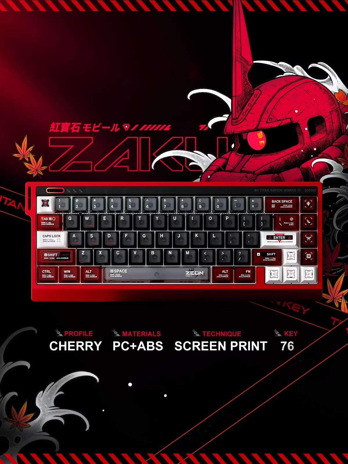 Gundam series, ZEONOGRAPHY theme, 76 key ABS+PC material personalized keycap set, anime and game themed decorative keycaps