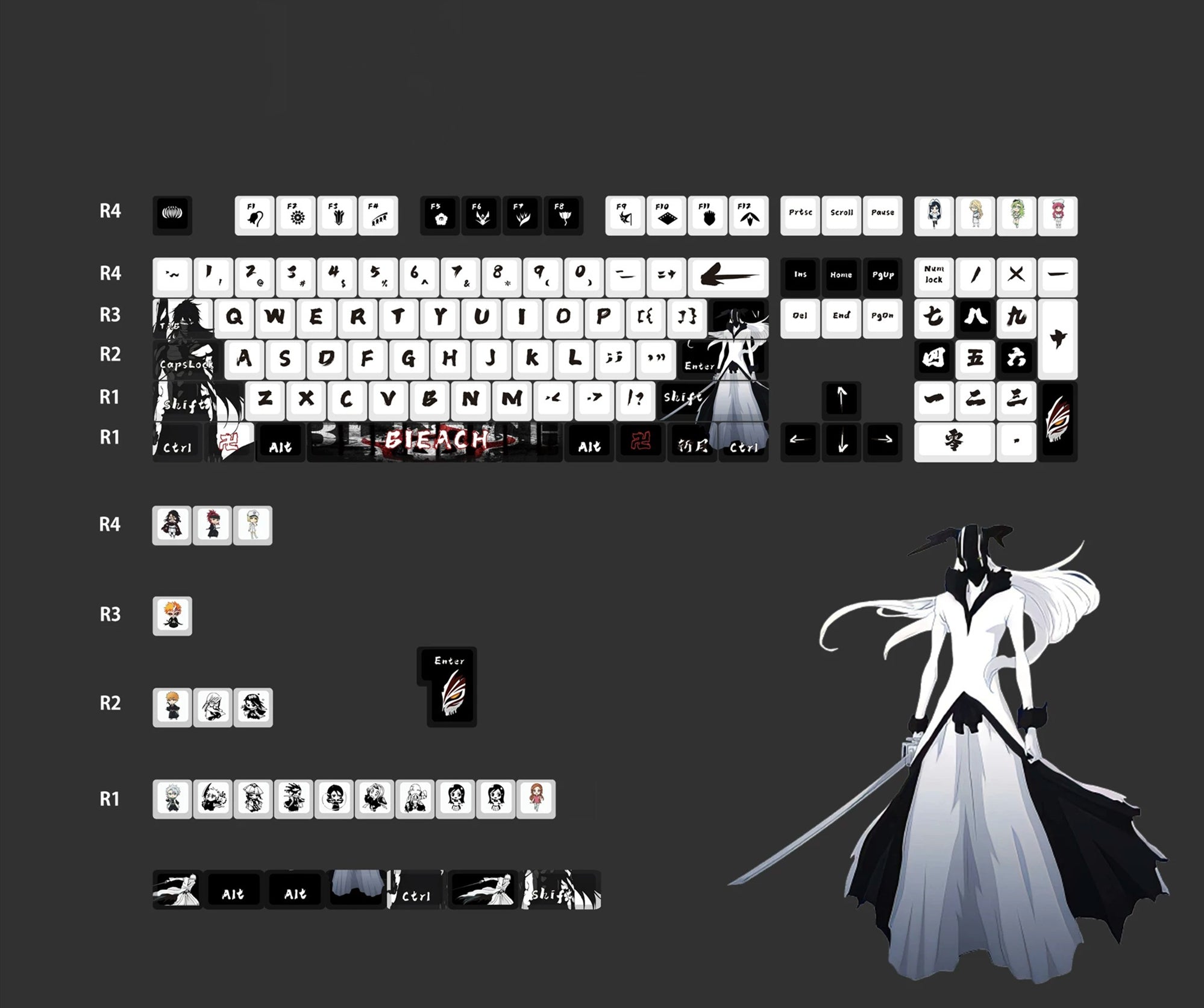 BLEACH,Hollow theme, PBT material personalized keycaps, mechanical keyboard replacement keycap set, anime and game cultural and creative keycaps set, Compatible with 61/64/68/75/84/87/104 Key Mechanical Keyboard Keycap Set