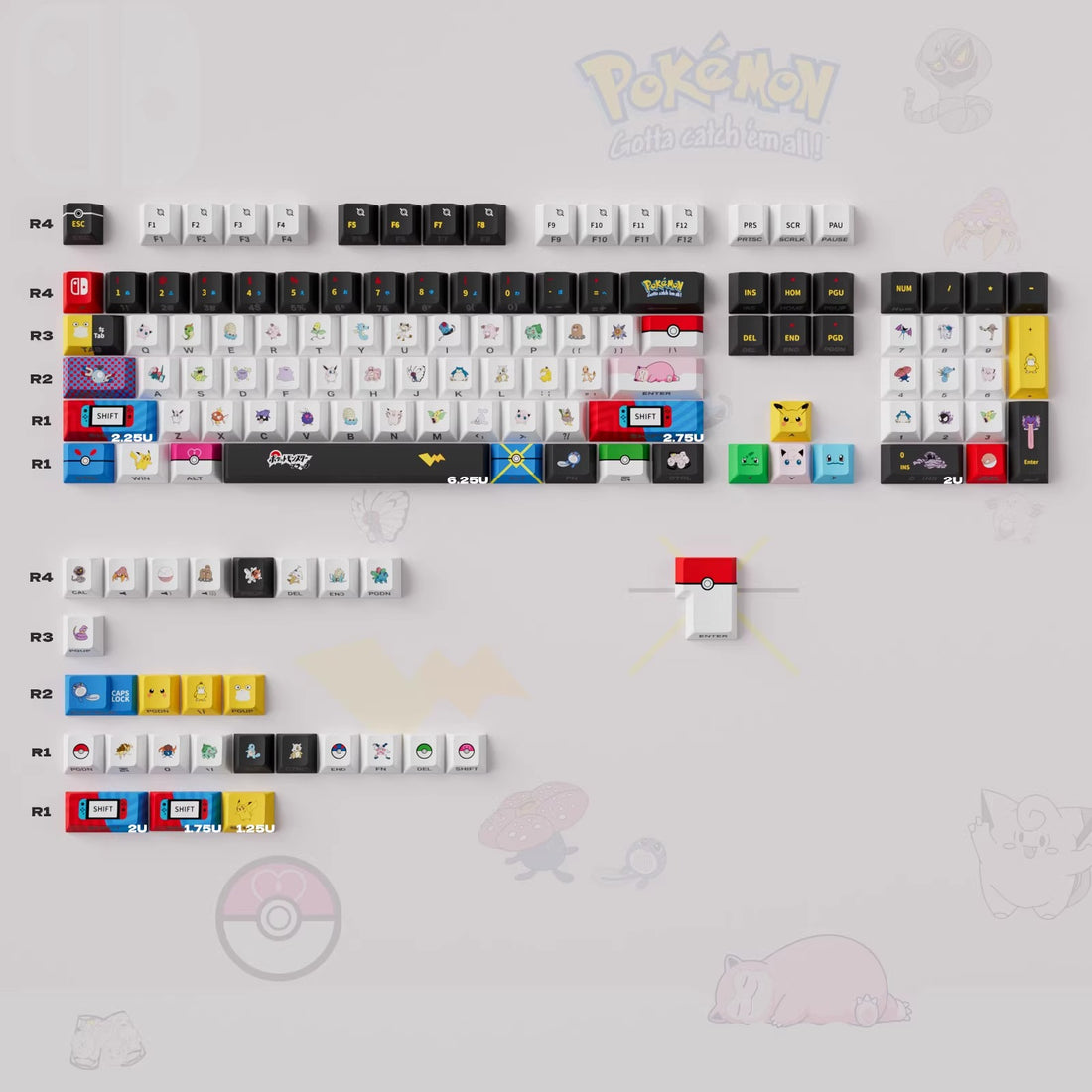 Pok é mon theme design, side engraved translucent characters/folded edges translucent side engraved keycaps, customized magnetic axis mechanical keyboard PBT thermal sublimation original factory highly personalized keycaps set