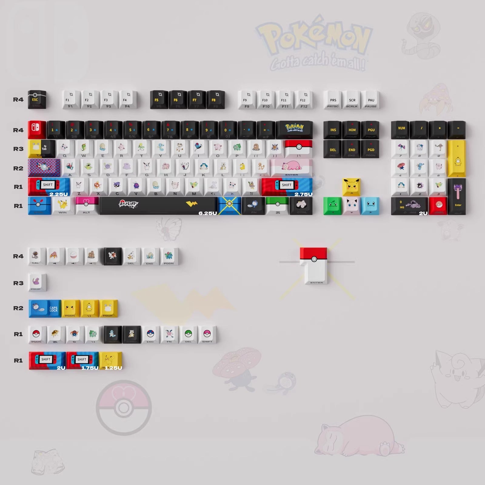 Pok é mon theme design, side engraved translucent characters/folded edges translucent side engraved keycaps, customized magnetic axis mechanical keyboard PBT thermal sublimation original factory highly personalized keycaps set