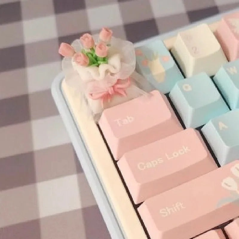 Handmade soft clay tulips, lace bouquets personalized keycaps, Valentine&