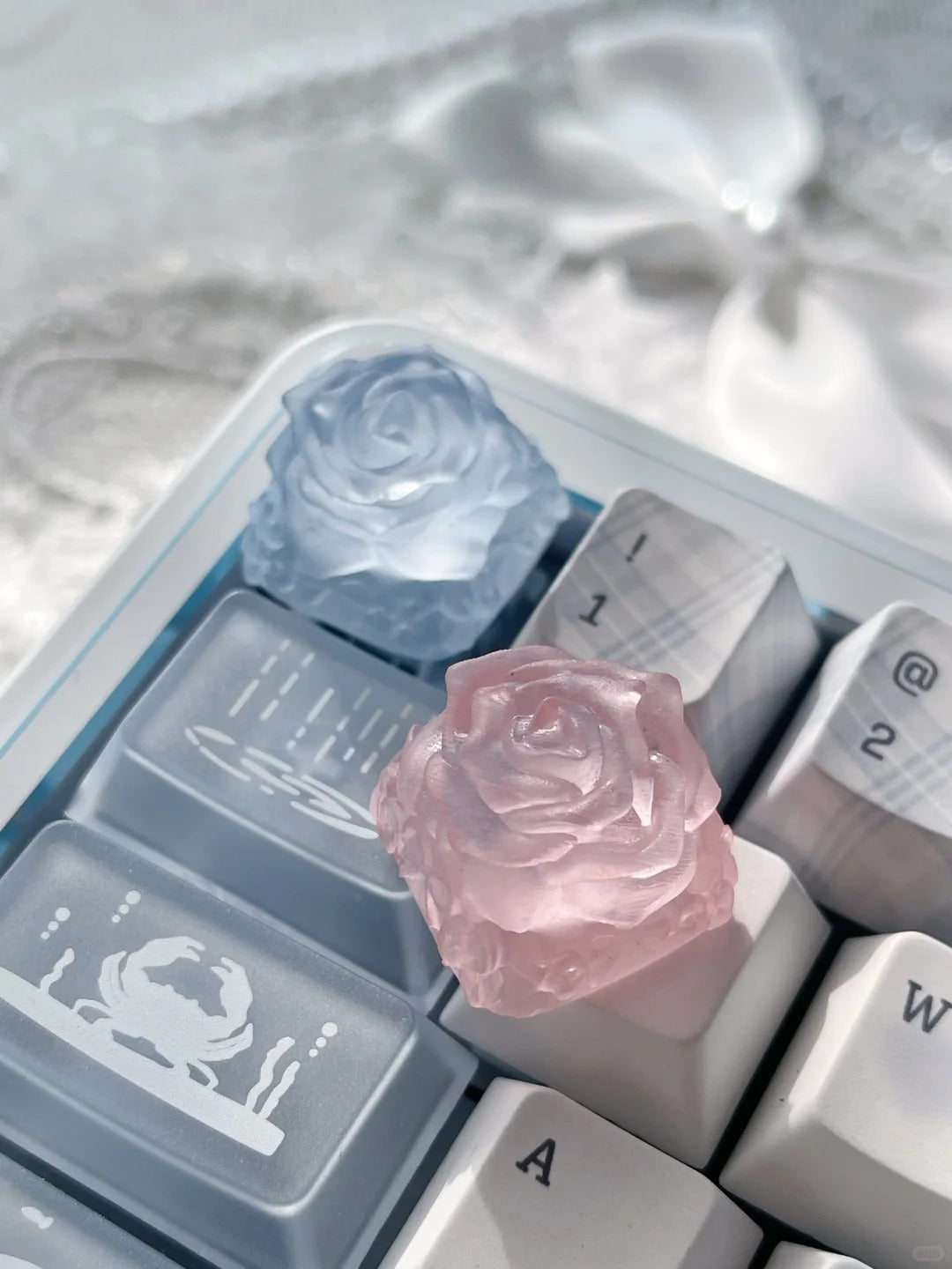 Ice rose mist translucent cute transparent resin personalized keycaps, rose shaped decorative art keycaps